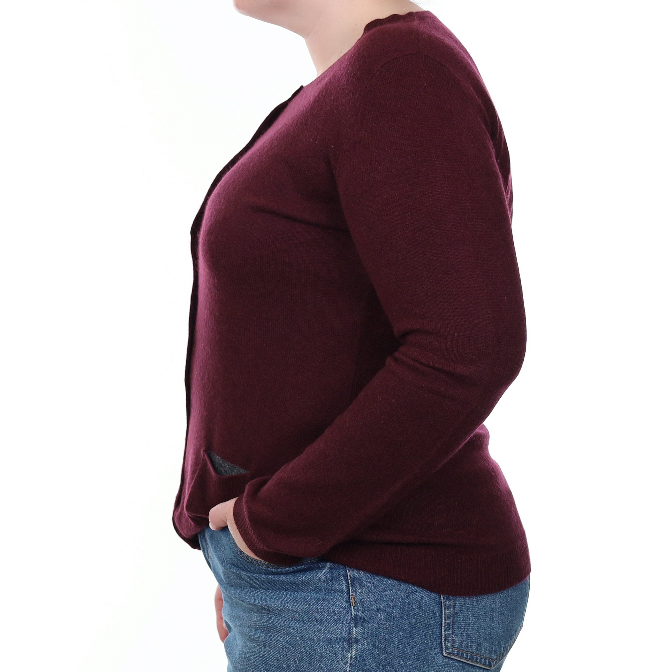 Bramble Purple Cashmere Crew Neck Cardigan with Pockets Large