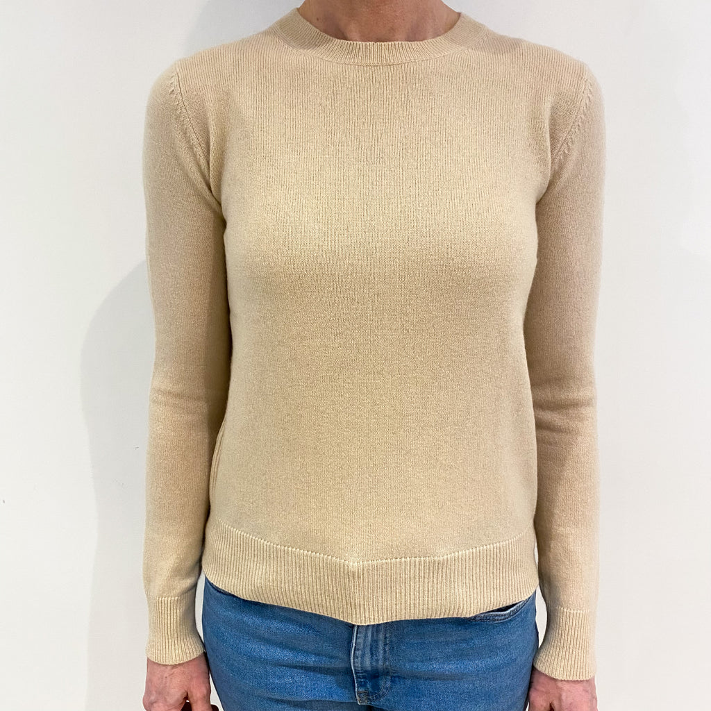 Sand Beige Cashmere Crew Neck Jumper with Petite Rib Detail on Sides Small