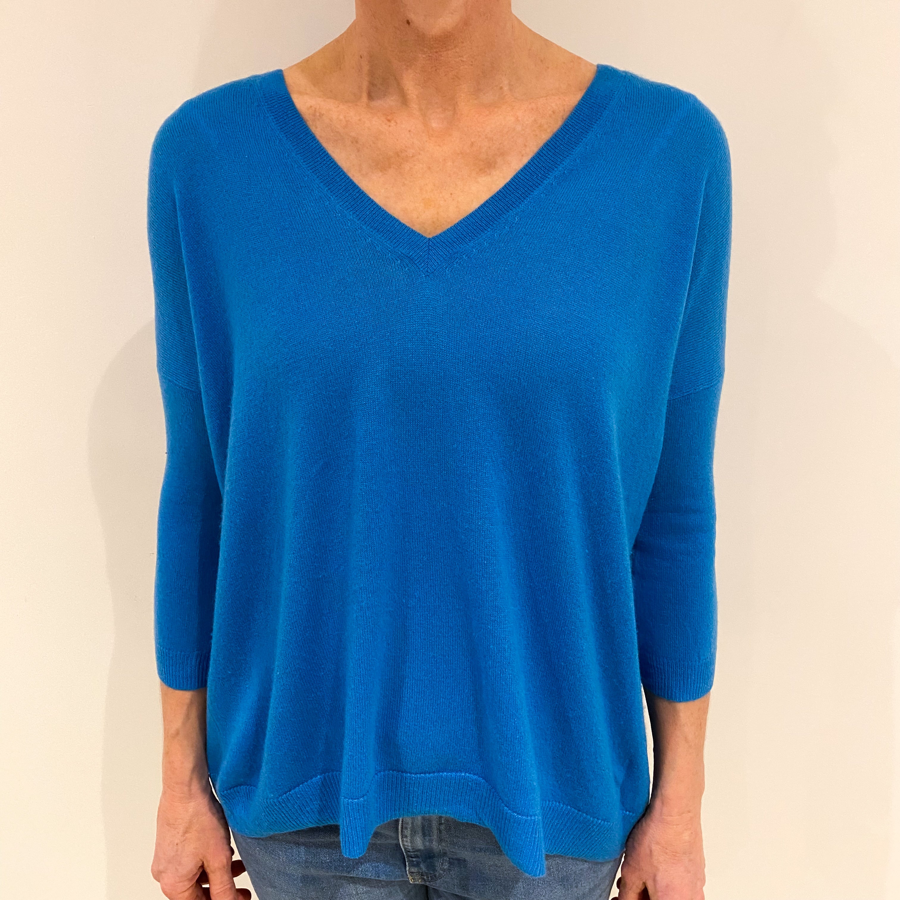 Turquoise Blue Slouchy Cashmere V Neck Jumper with Zipped Back Small