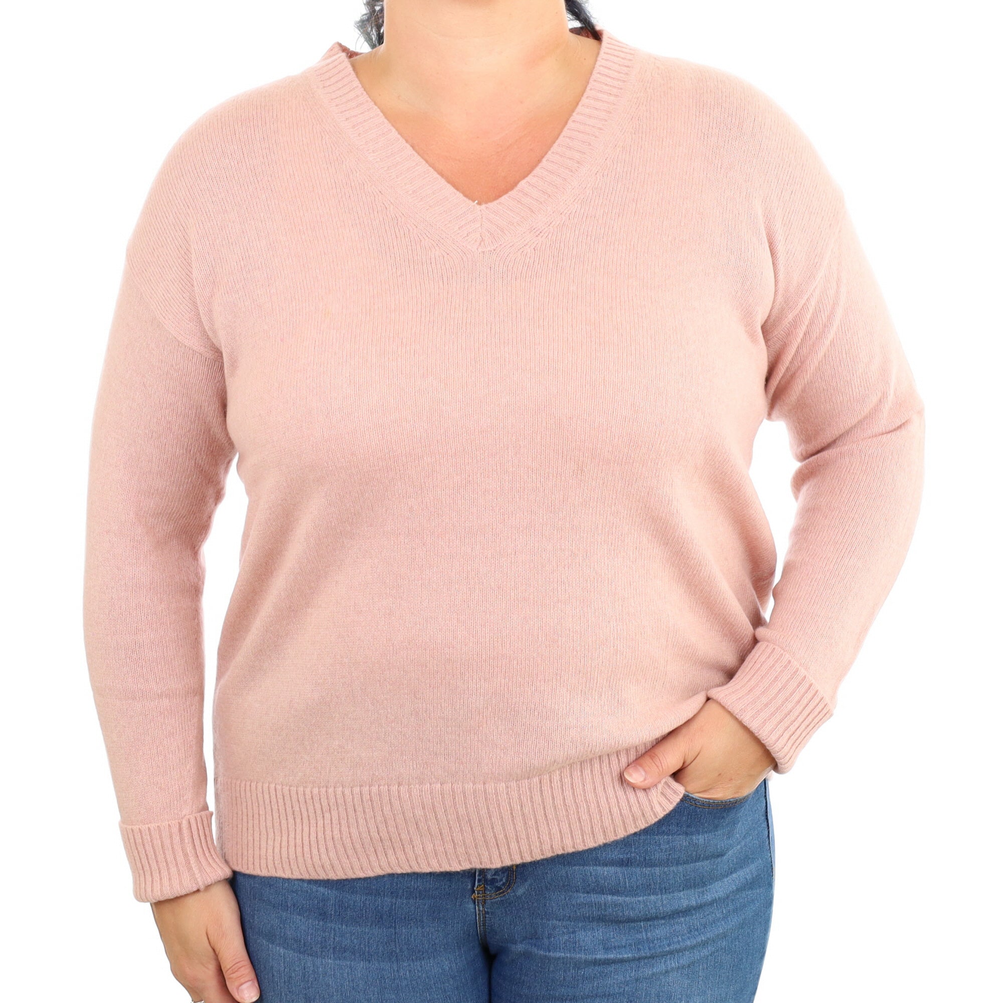 Dusky Pink Cashmere V Neck Jumper Large