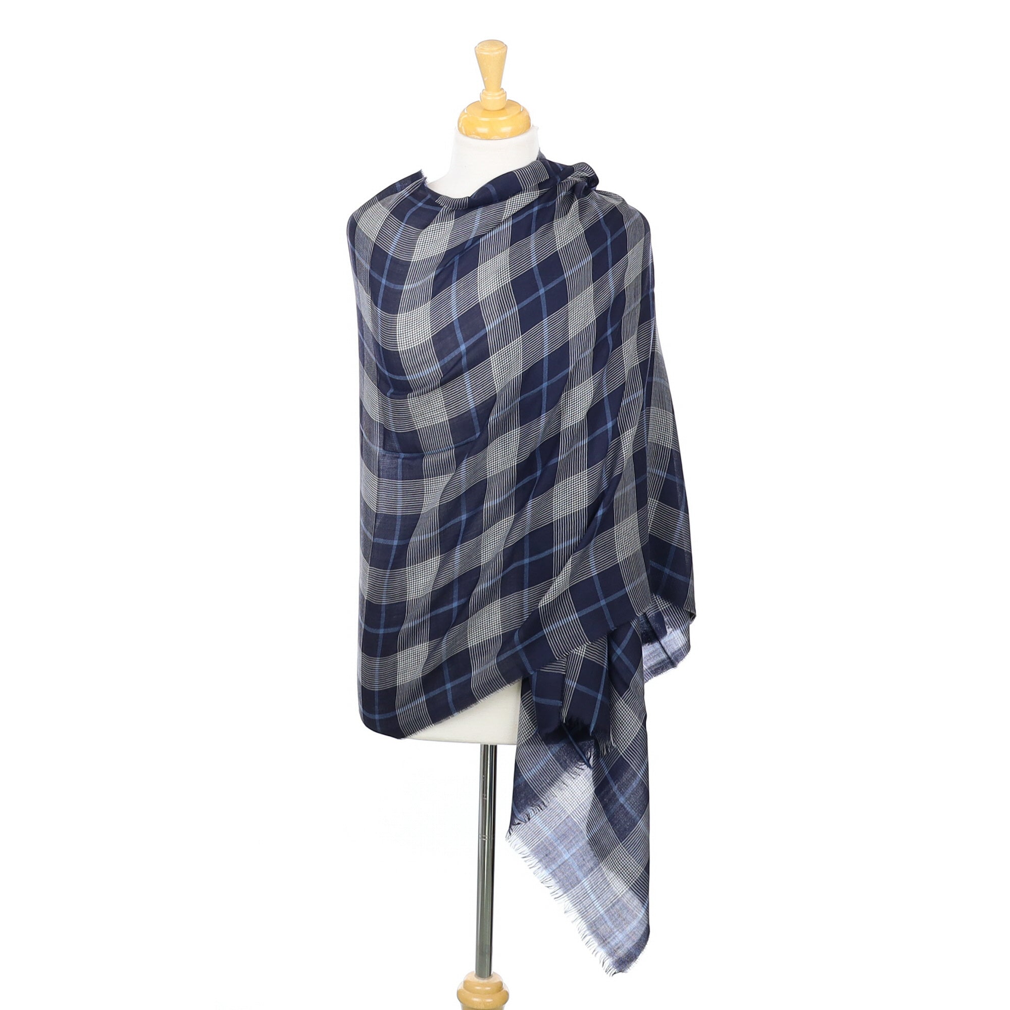 Scottish Begg & Co Navy and White Checked Fine Woven Cashmere Wrap