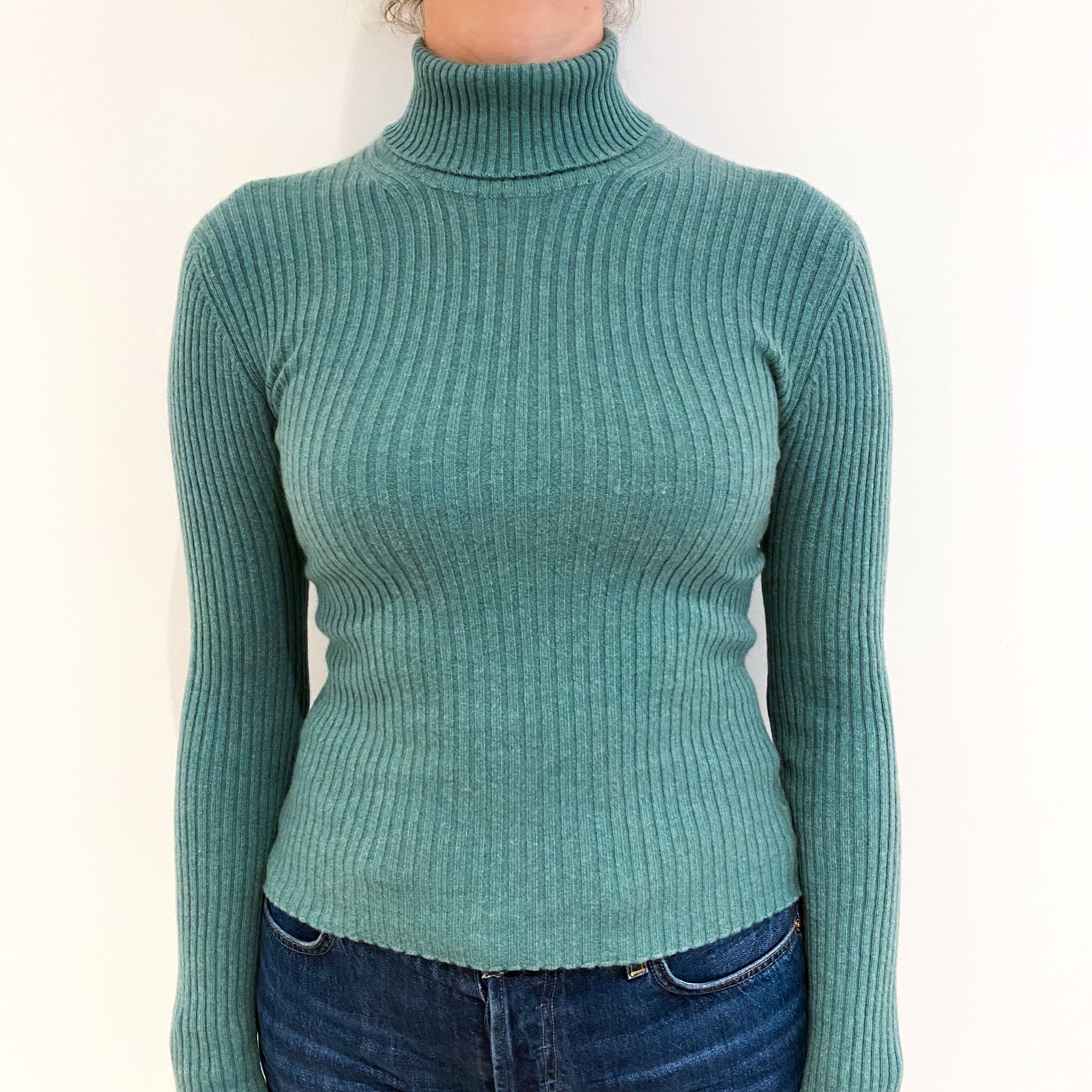 Sea Green Skinny Rib Cashmere Polo Neck Jumper Small