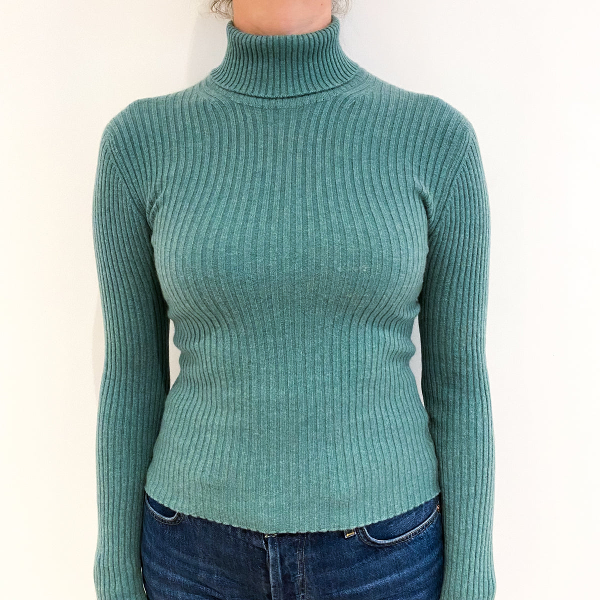 Sea Green Skinny Rib Cashmere Polo Neck Jumper Small