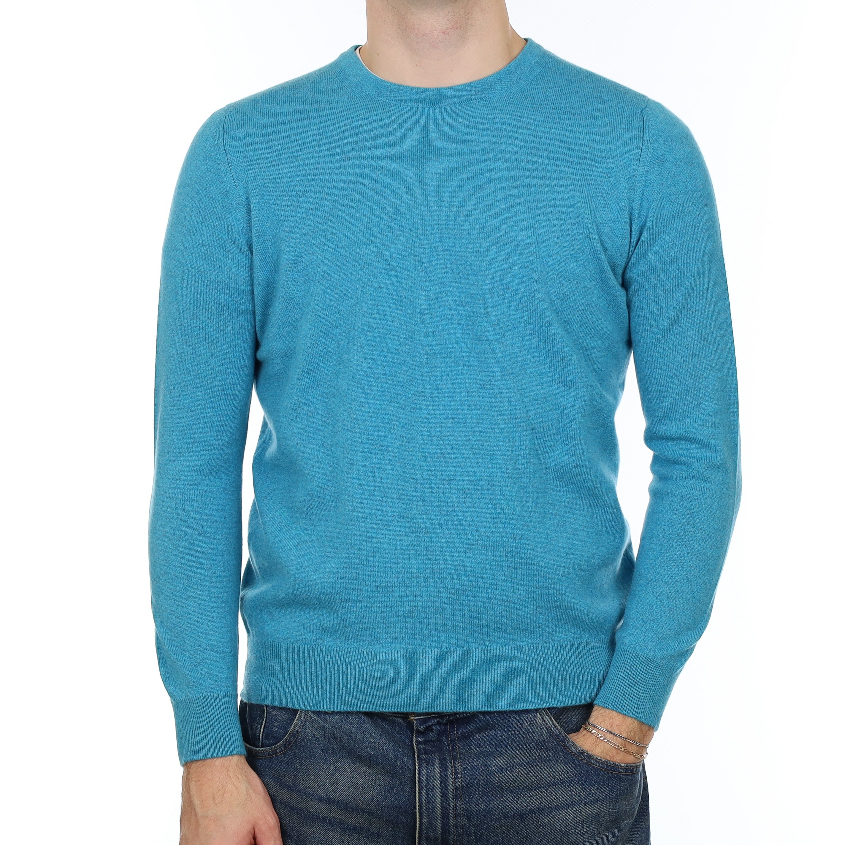 Men’s Brand New Scottish Turquoise Blue Cashmere Crew Neck Jumper Medium