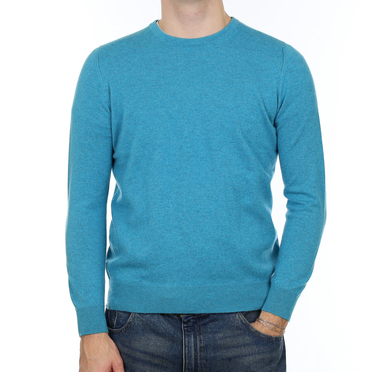 Men’s Brand New Scottish Turquoise Blue Cashmere Crew Neck Jumper Medium