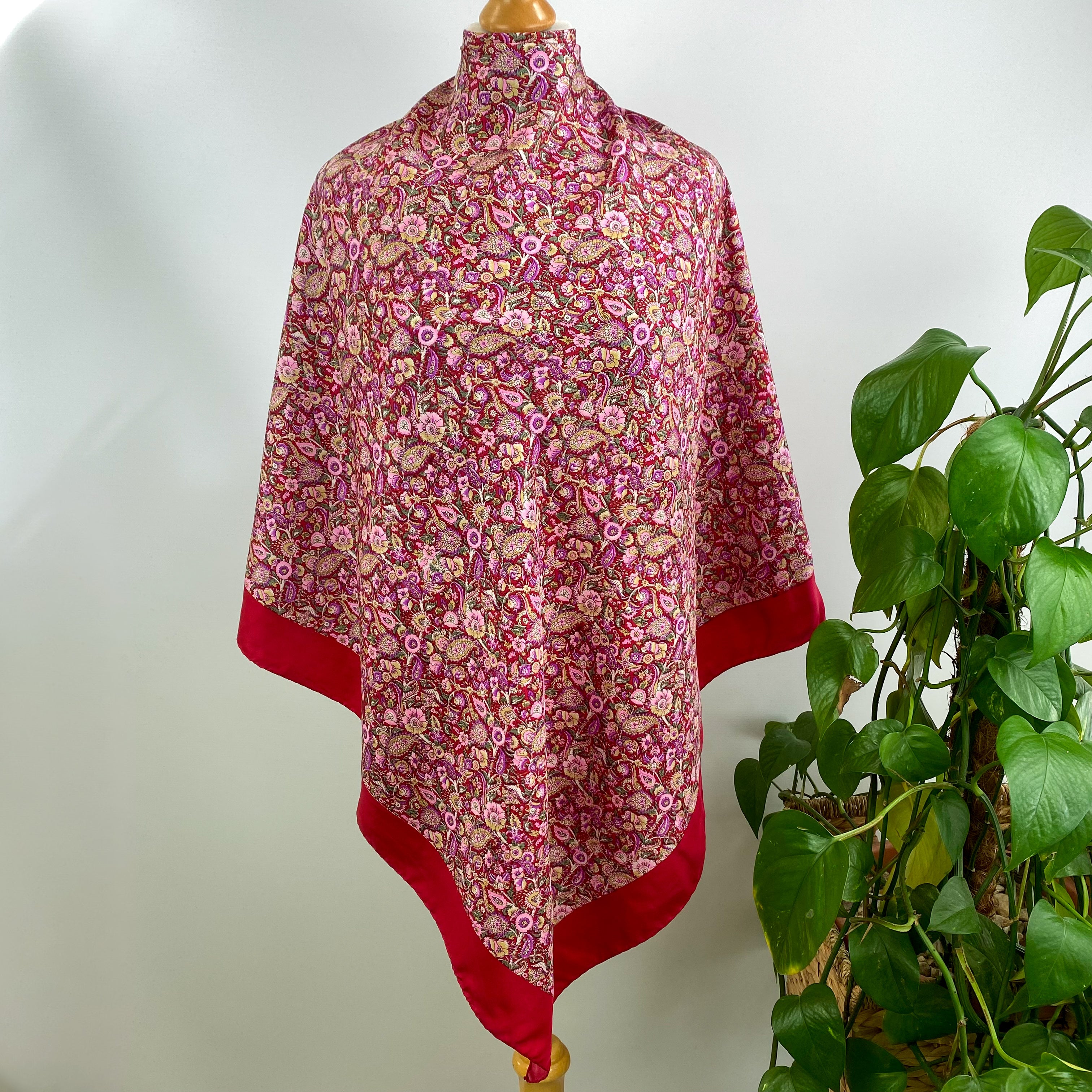 Cherry Red Floral Vintage Silk Scarf