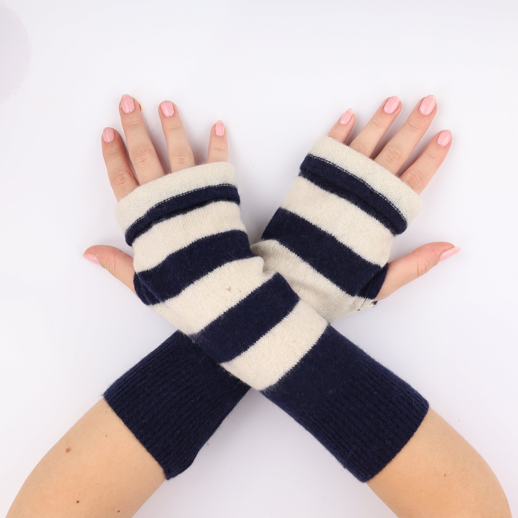 Navy and Vanilla Striped Fingerless Gloves
