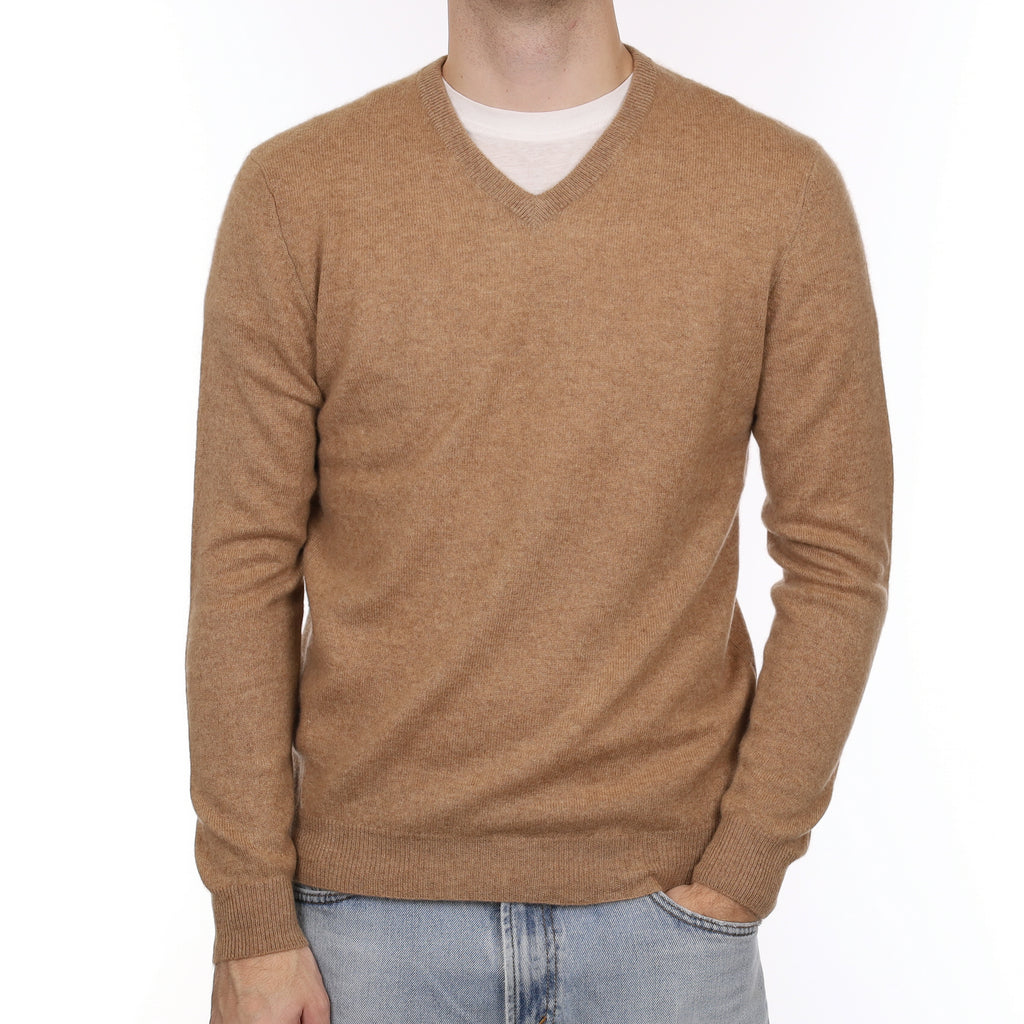 Men's Toffee Brown Cashmere V Neck Jumper Medium