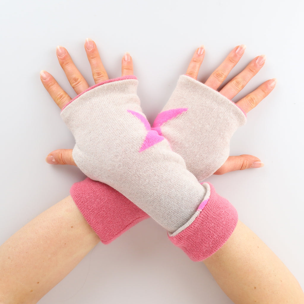 Oatmeal and Pink Star Reversible Cashmere Fingerless Gloves