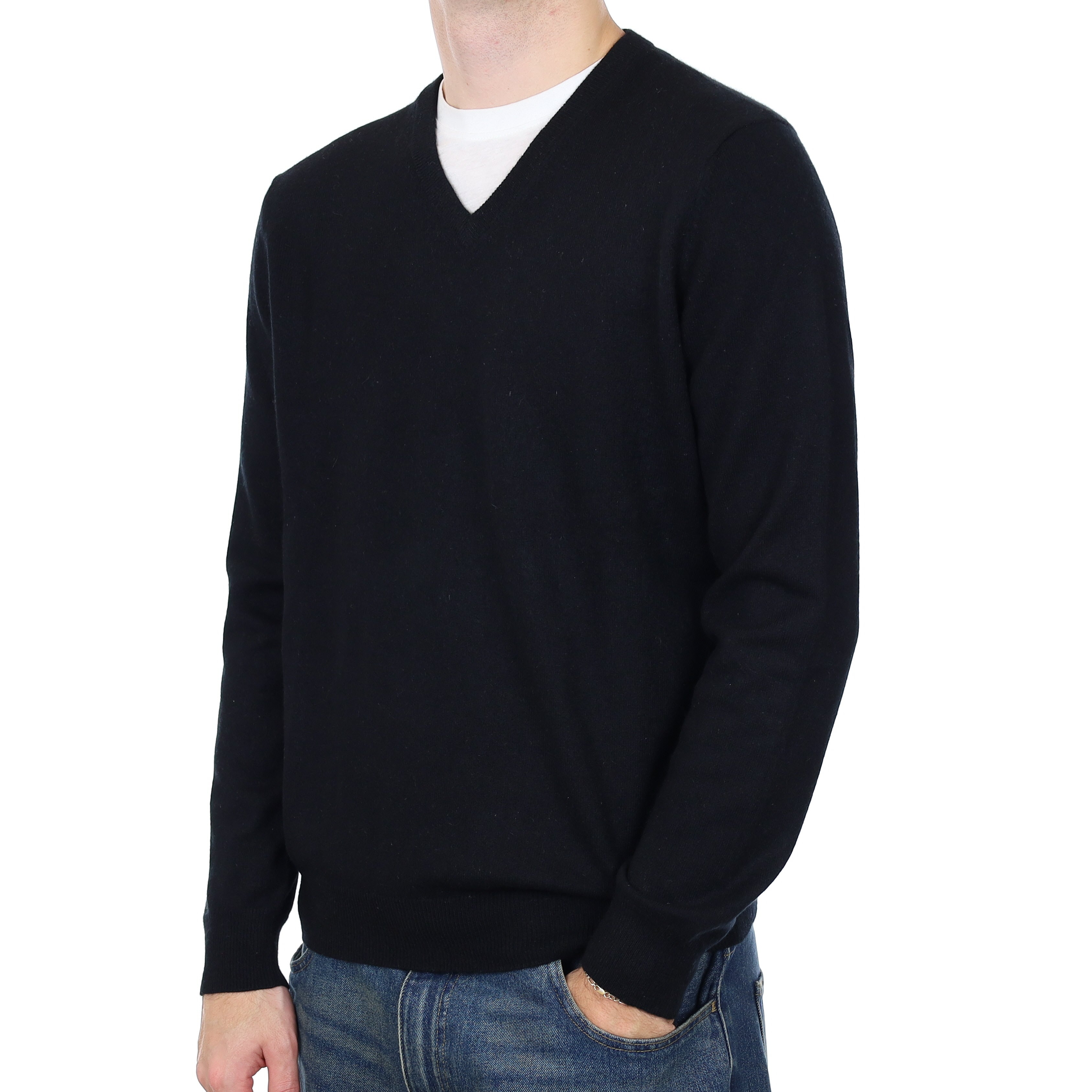 Men’s Black Cashmere V Neck Jumper Large
