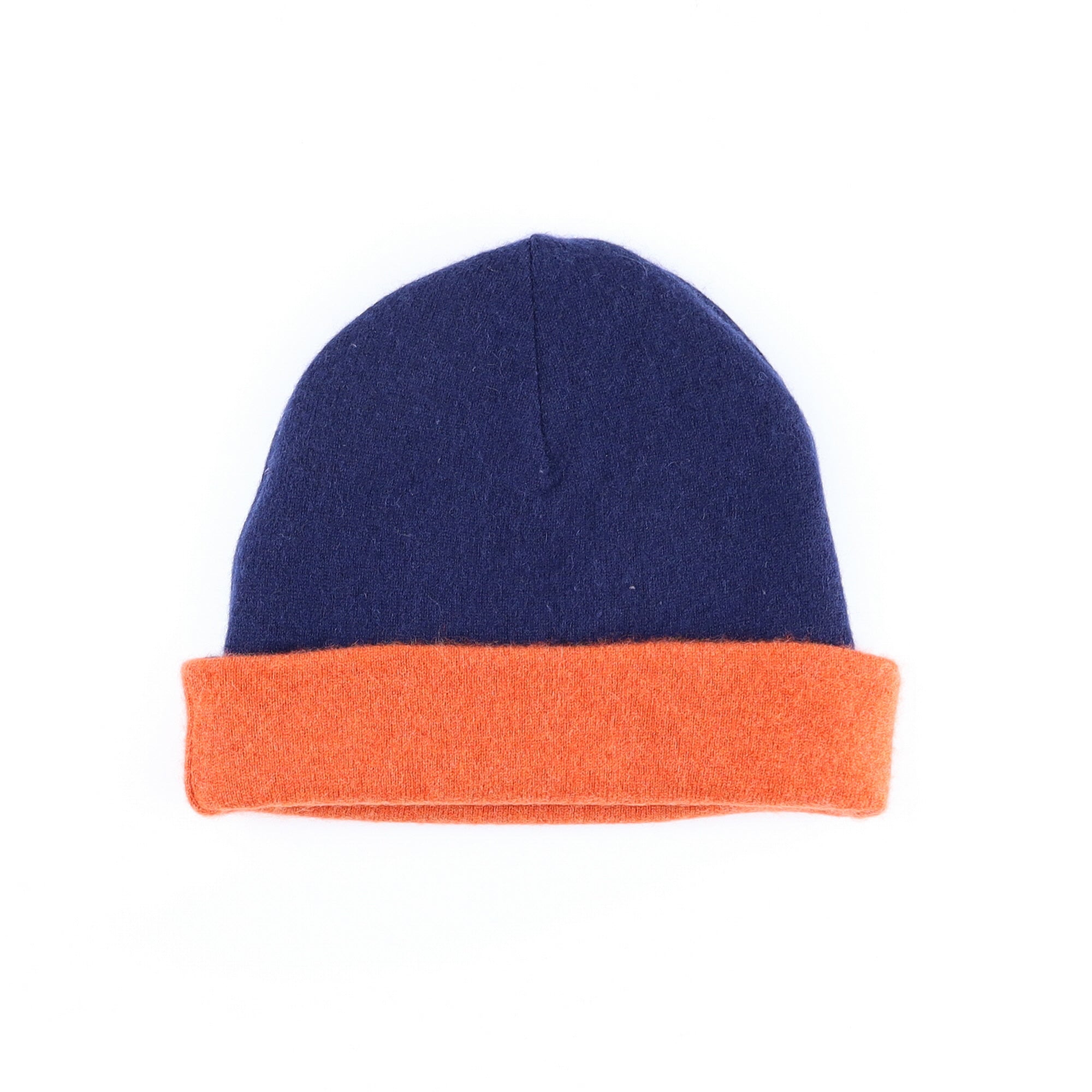 Navy and Burnt Orange Reversible Cashmere Beanie Hat