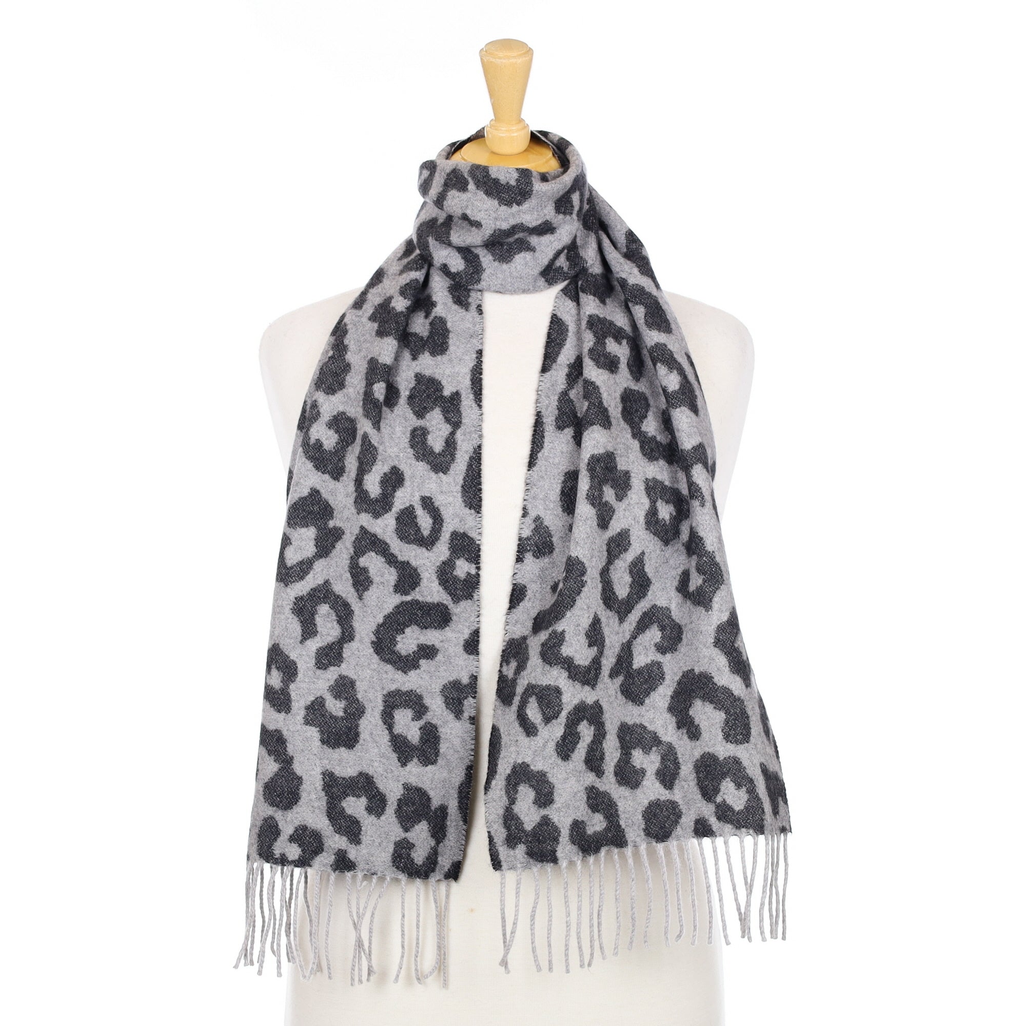 Grey Leopard Print Woven Cashmere Scarf