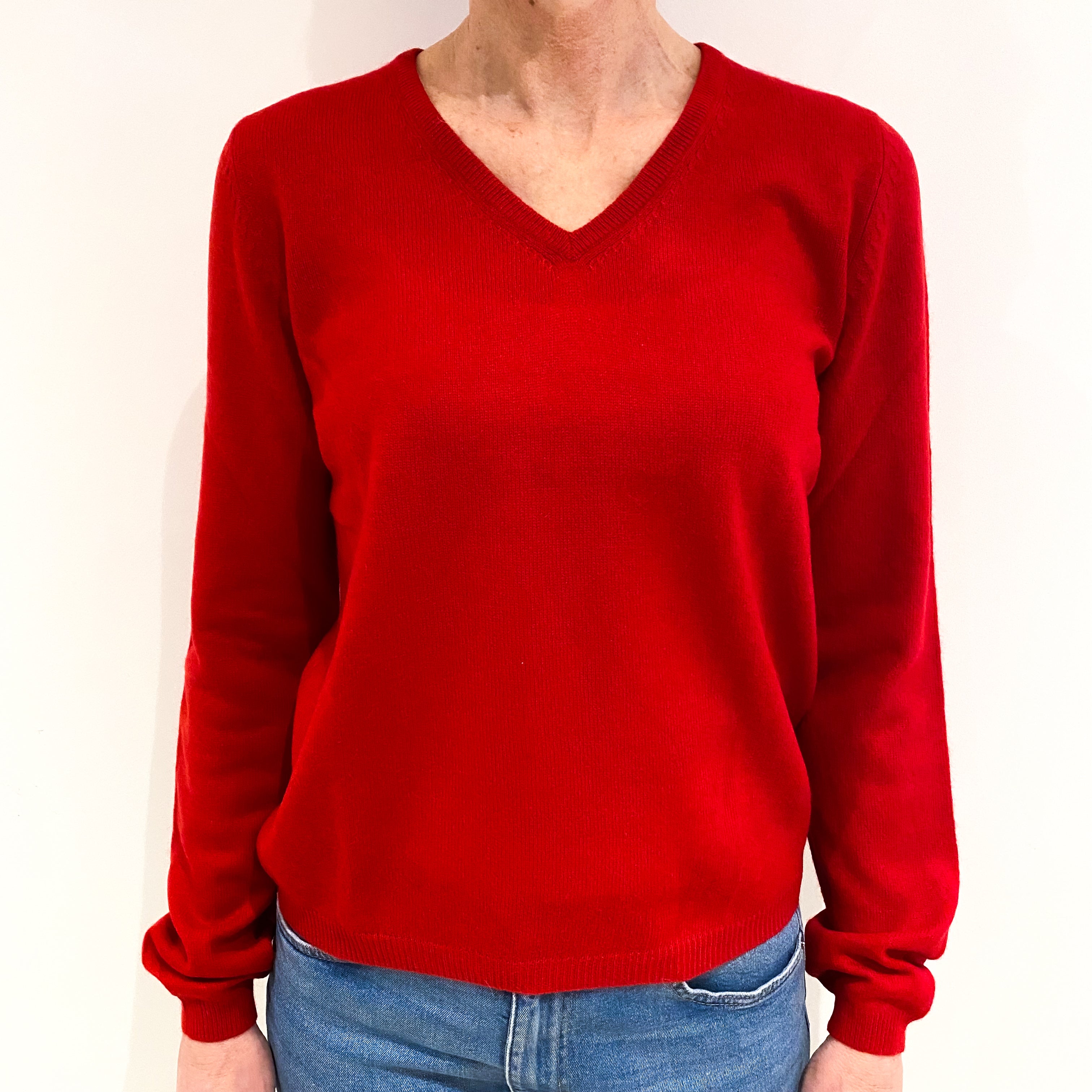 Scarlet Red Cashmere V Neck Jumper Small