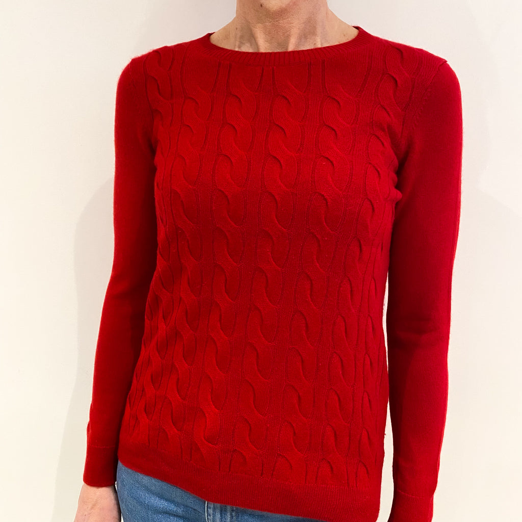 Scarlet Red Cable Front Cashmere Crew Neck Jumper Small