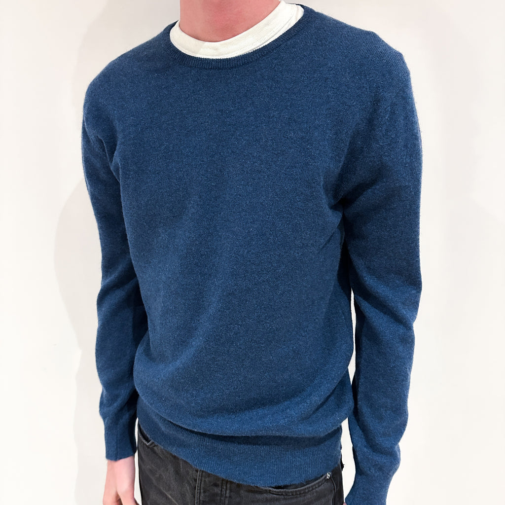 Men's Brand New Scottish Deep Ocean Blue Cashmere Crew Neck Jumper Small