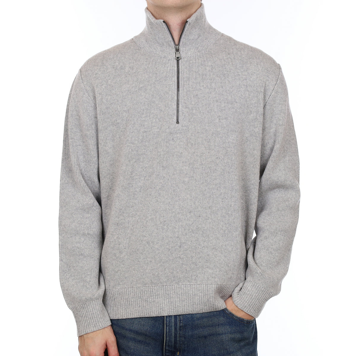Men’s Brand New Scottish Mist Grey Heavy Knit Cashmere 1/4 Zip Jumper Large