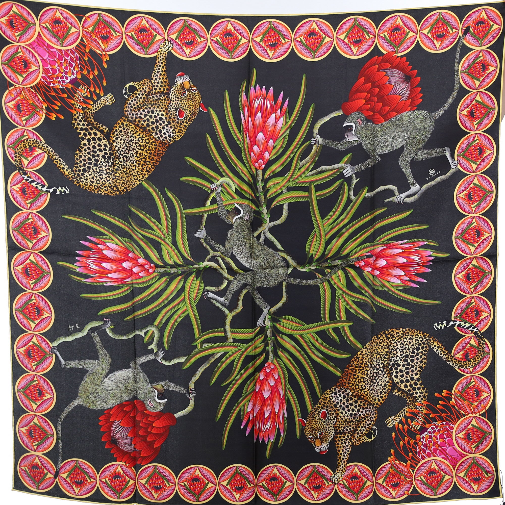 Brand New Bellezza Black & Sage Leopard Safari Double Faced Silk Scarf