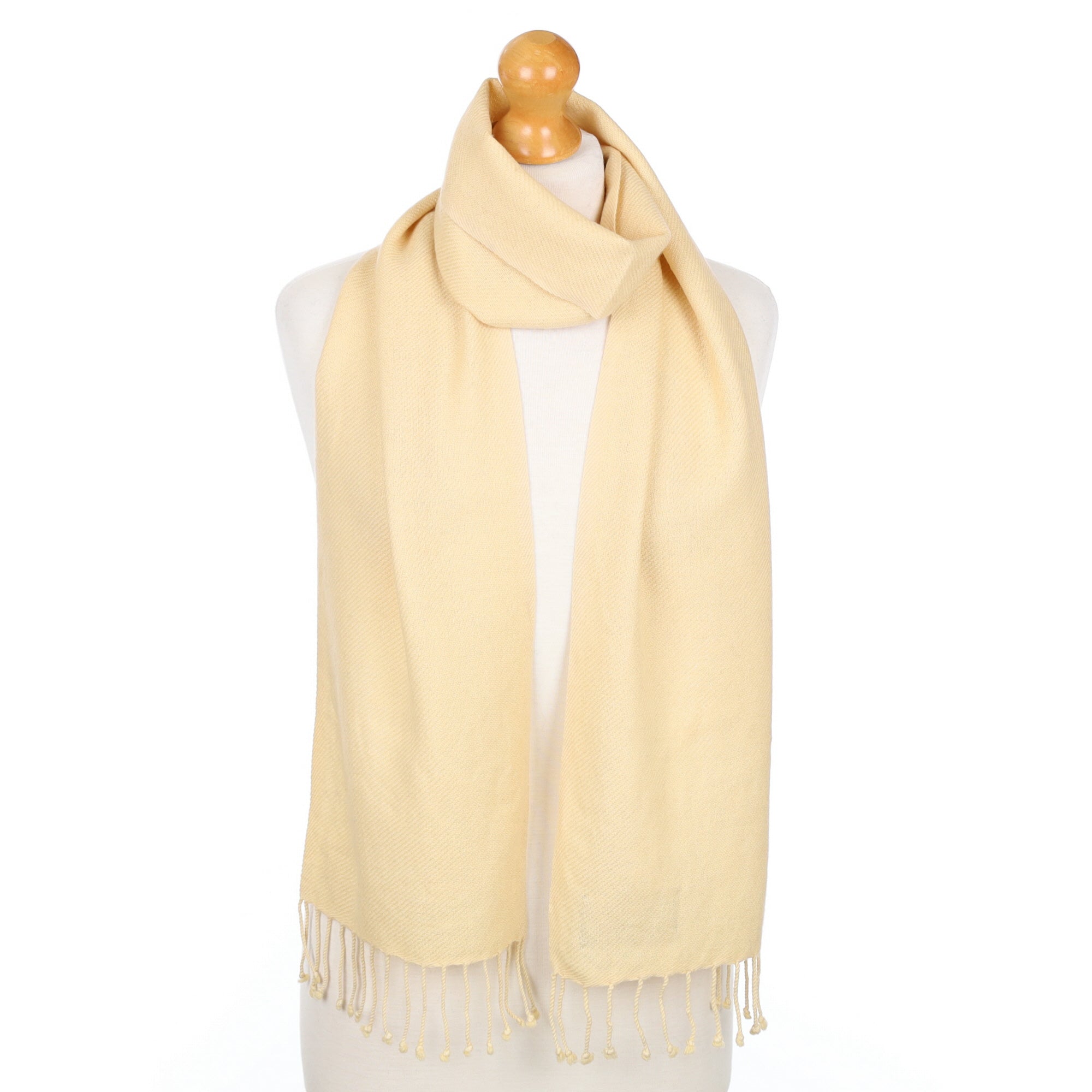 Soft Beige Fringed Cashmere Woven Scarf