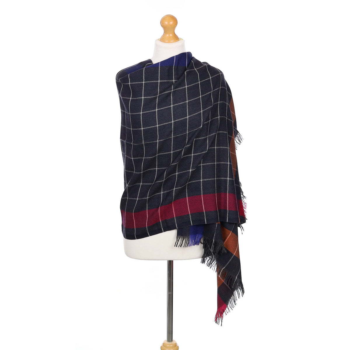 Scottish Begg & Co Blue and Grey Checked Fine Woven Cashmere Wrap