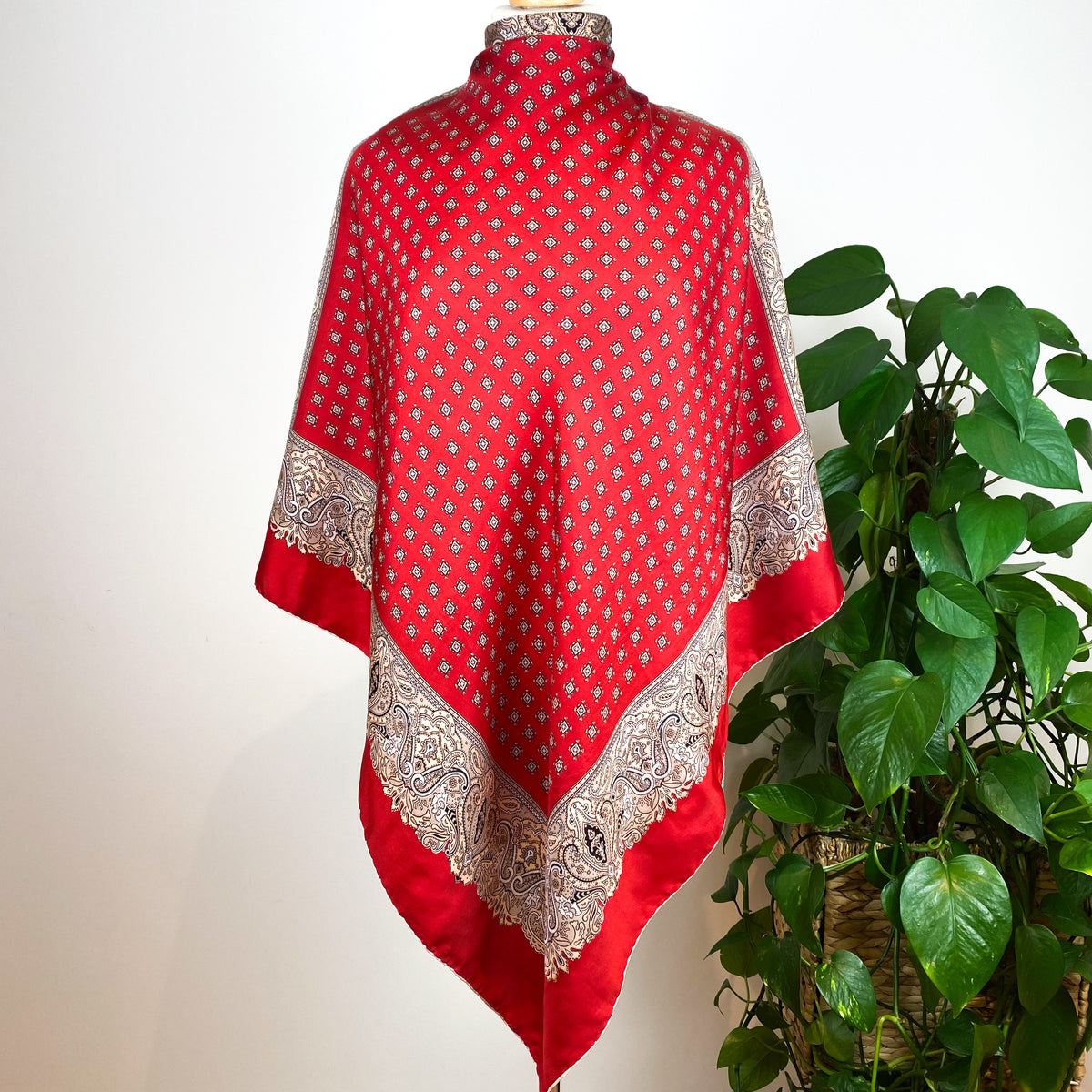 Red Taupe and Black Vintage Silk Scarf