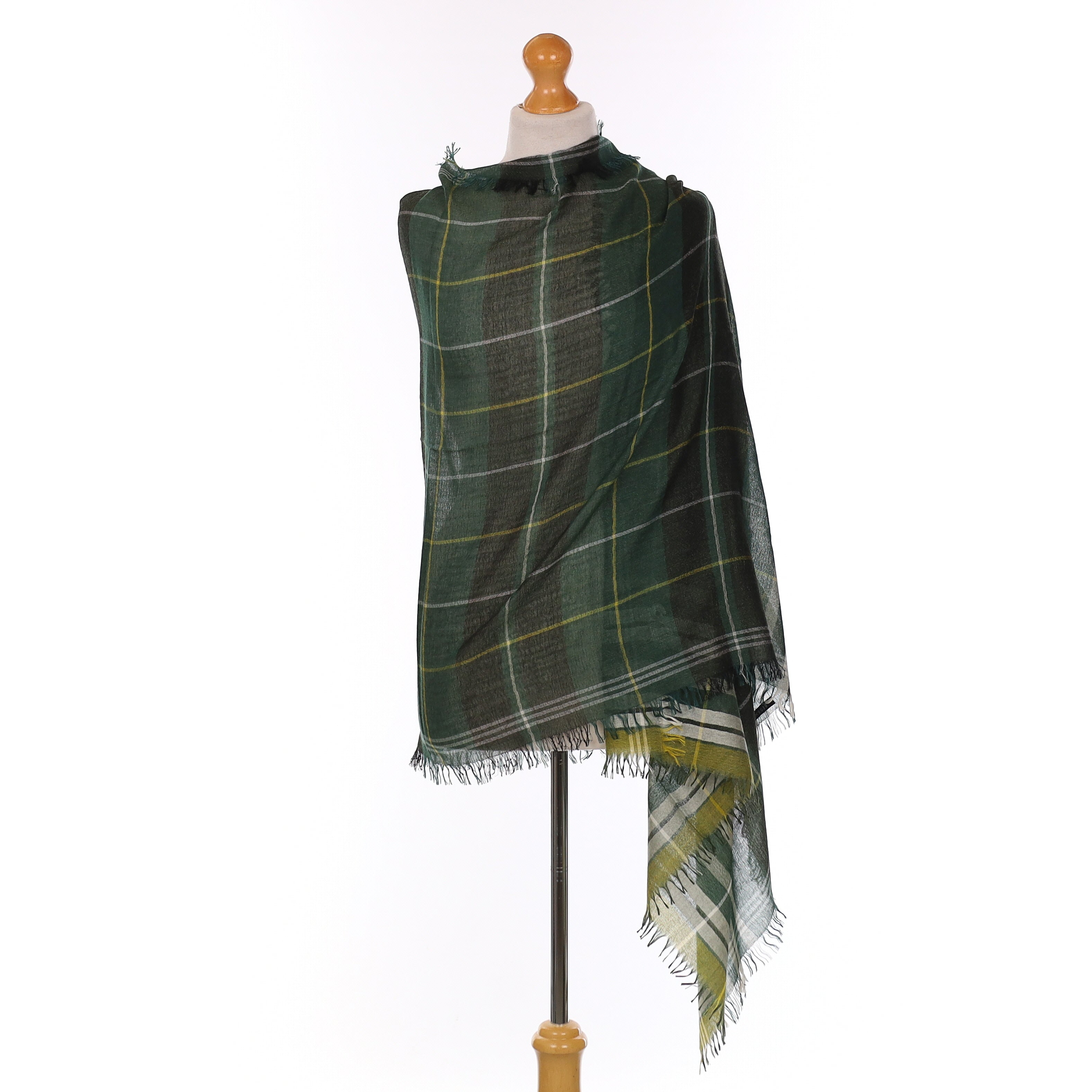 Brand New Begg & Co Green Checked Cashmere Blend Woven Wrap