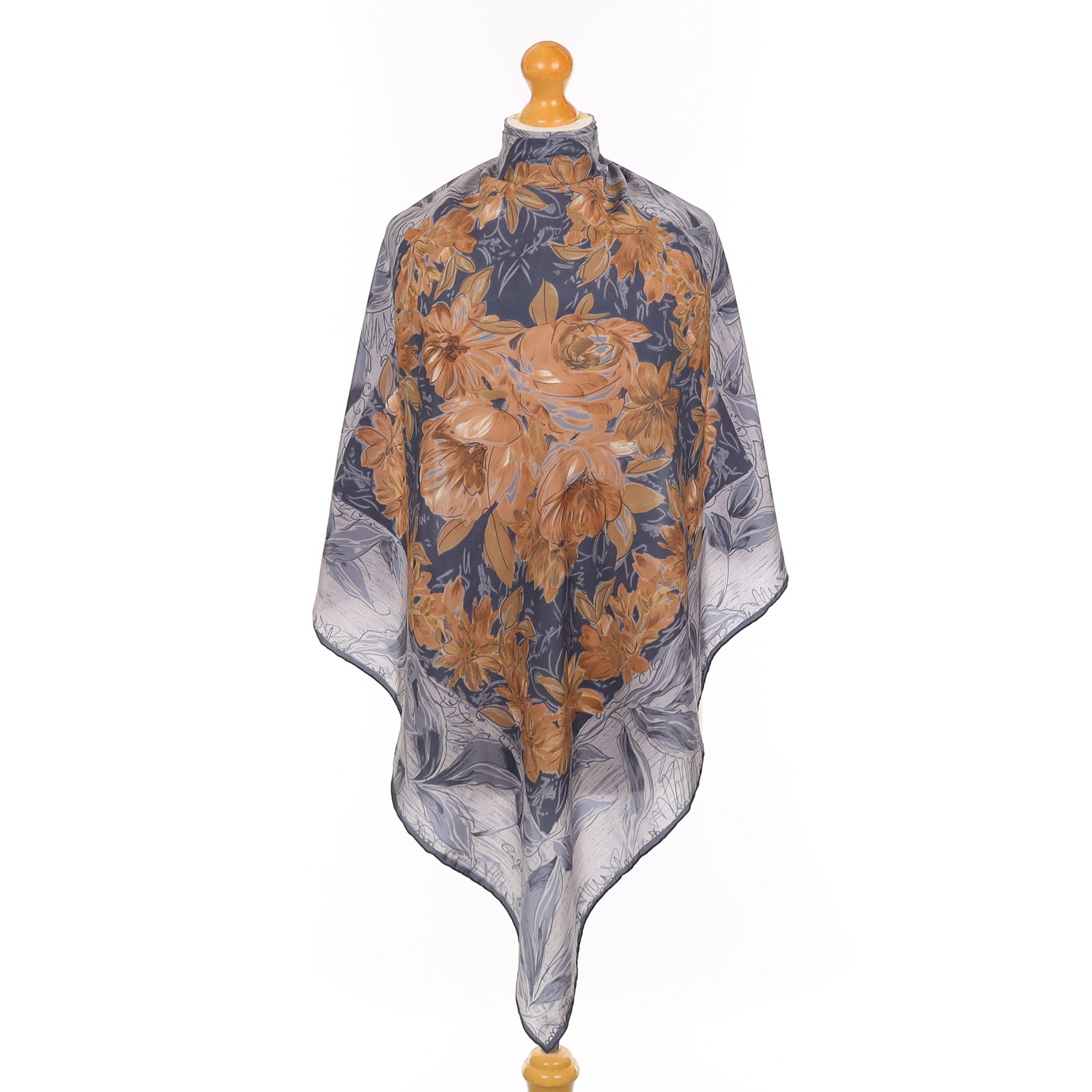 Grey and Brown Abstract Floral Vintage Silk Scarf
