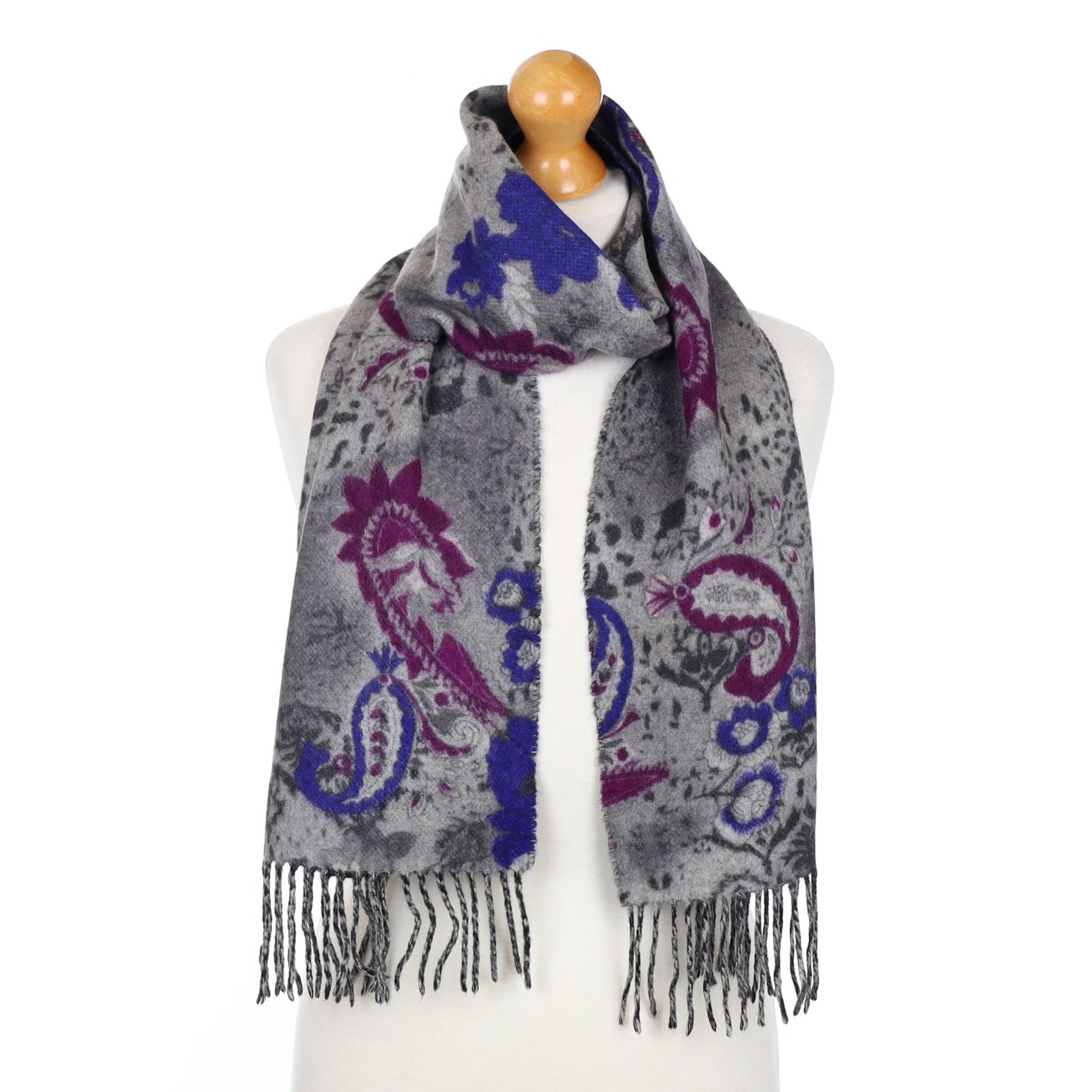 Grey and Purple Paisley Fringed Cashmere Woven Scarf