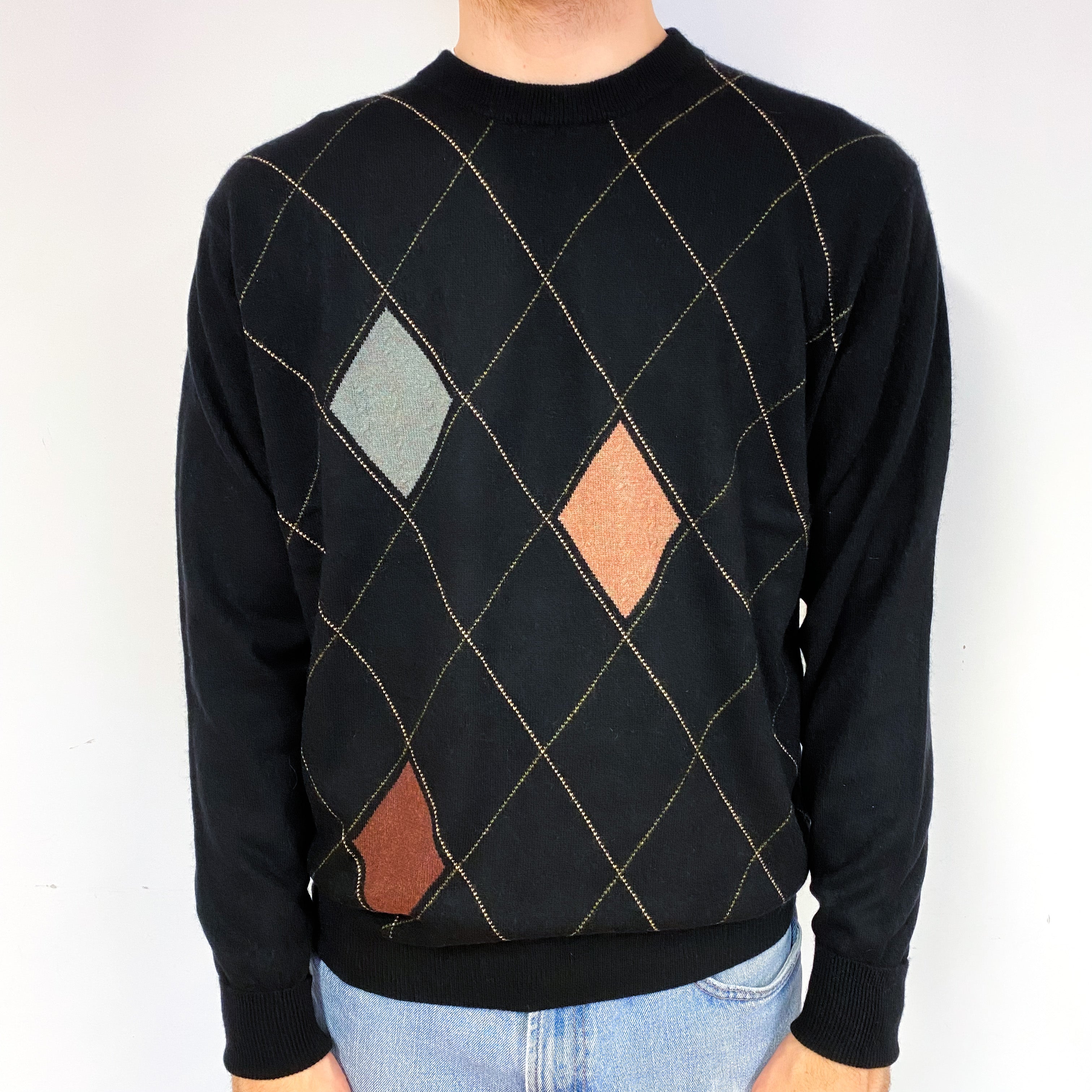 Men's Black Diamond Cashmere Crew Neck Jumper Large