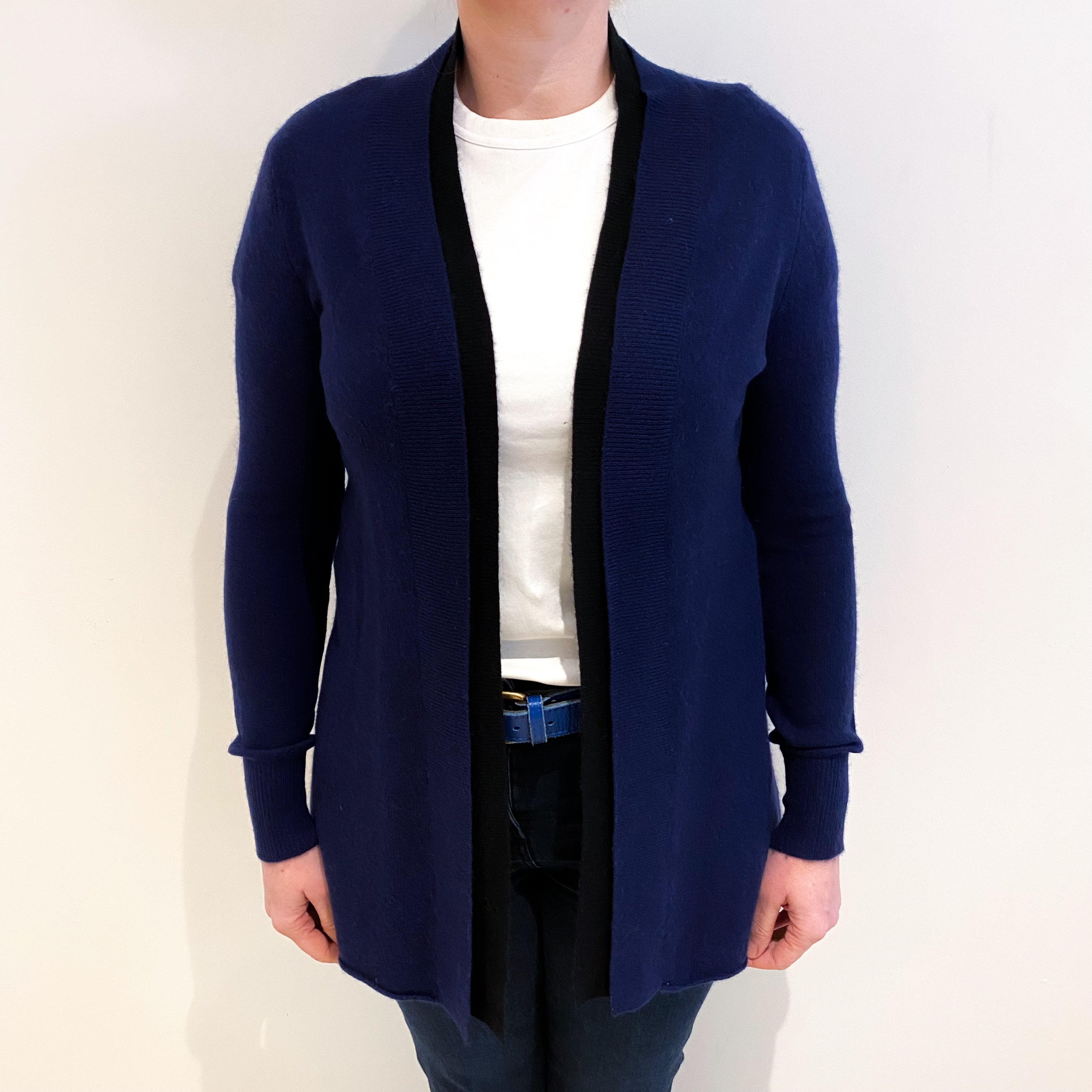 French Navy With Black Trim Cashmere Edge to Edge Cardigan Large