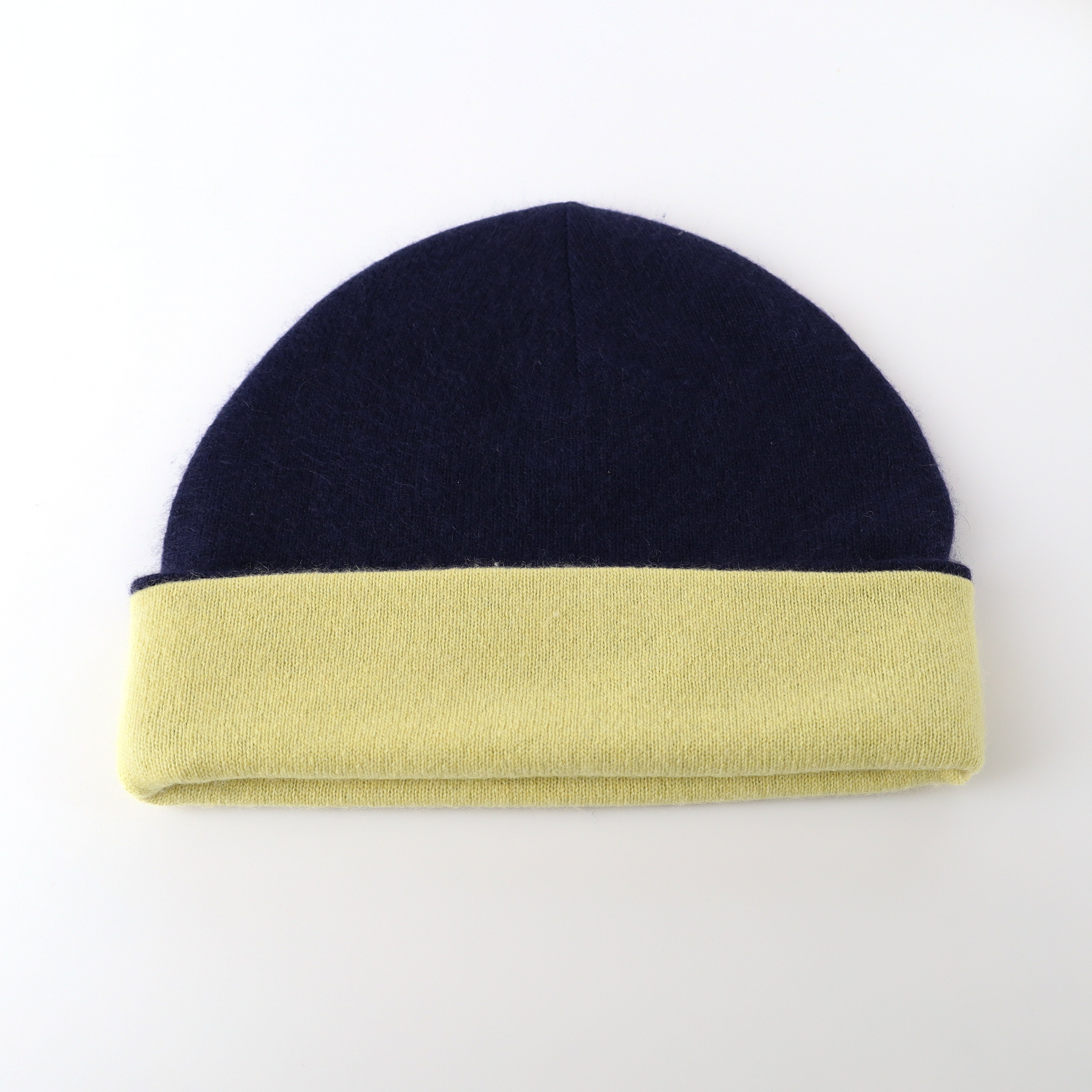 Navy and Primrose Yellow Reversible Cashmere Beanie Hat