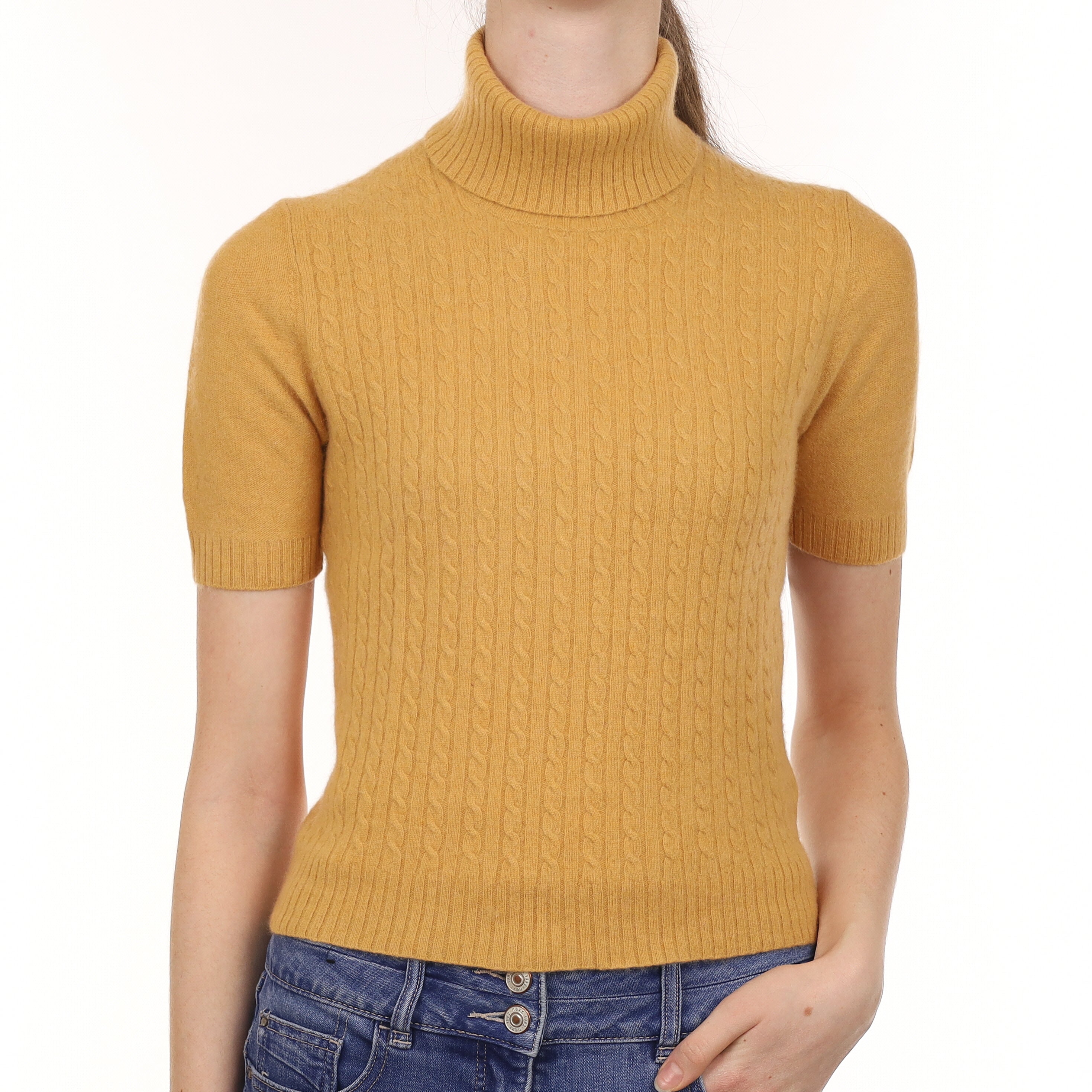 Golden Brown Cable Cashmere Short Sleeved Polo Neck Jumper Extra Small
