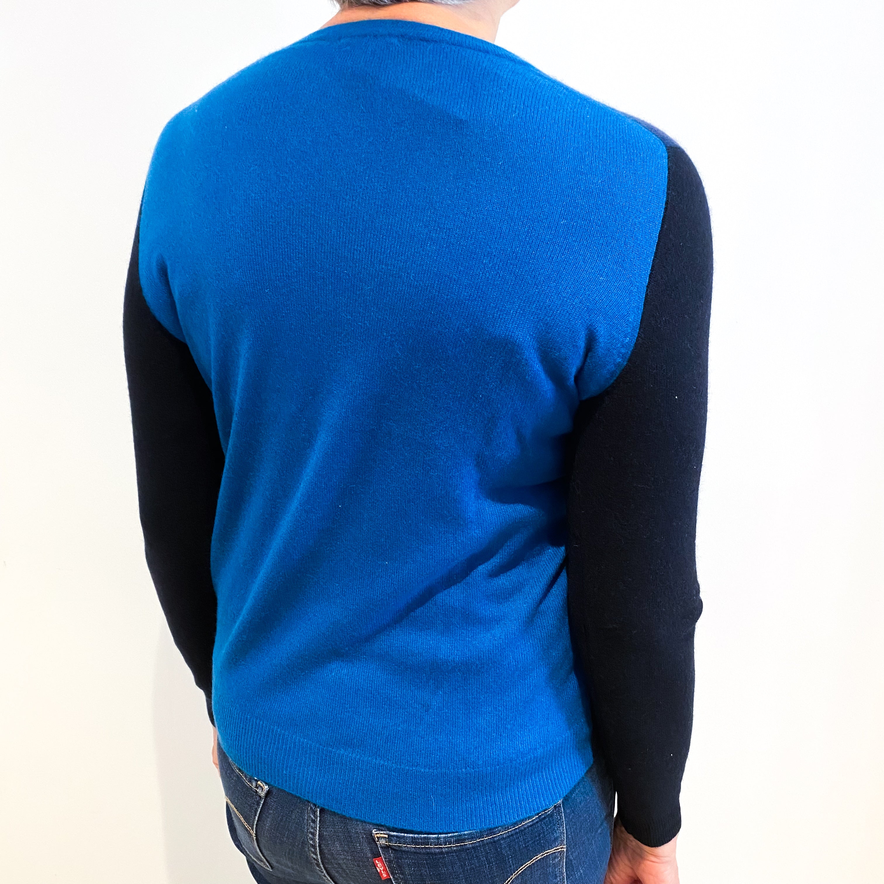 Navy Colour Block Cashmere V Neck Jumper Medium