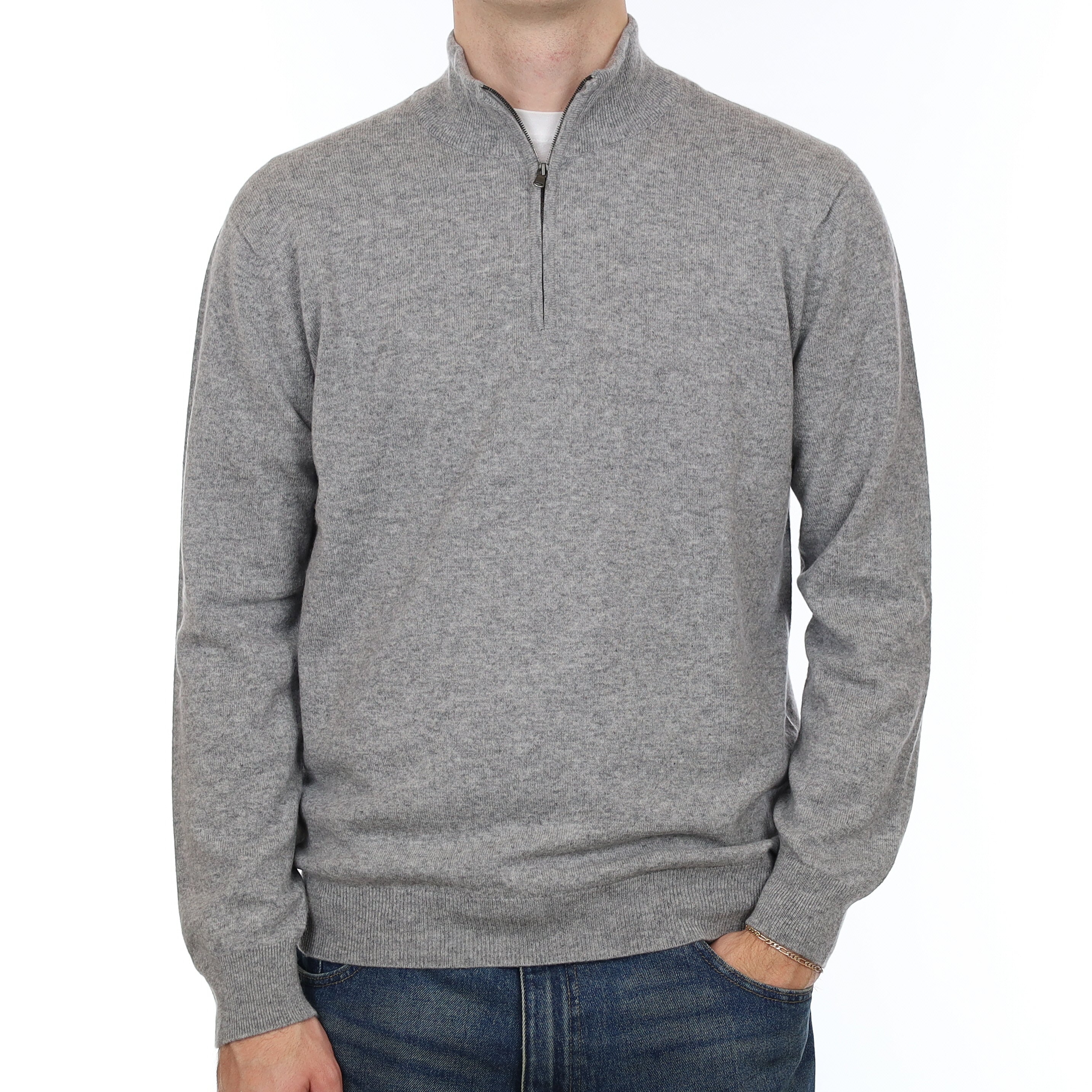Men’s Brand New Scottish Smoke Grey Cashmere 1/4 Zip Jumper Large
