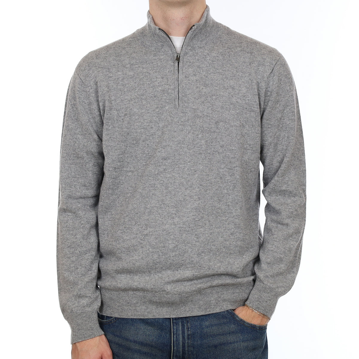 Men’s Brand New Scottish Smoke Grey Cashmere 1/4 Zip Jumper Large