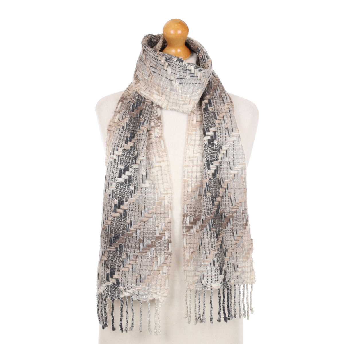 Grey and Beige Textured Cashmere Fringed Woven Scarf