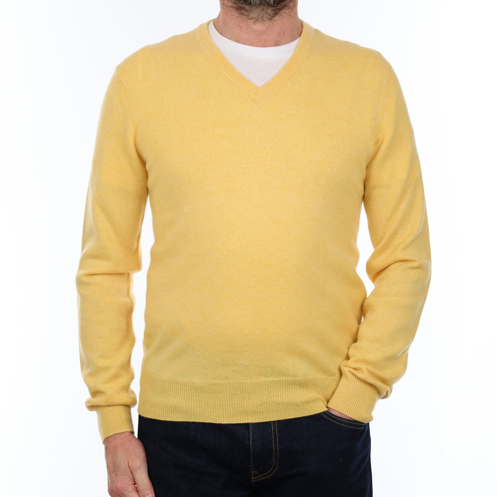 Men's Primrose Yellow Cashmere V Neck Jumper Small