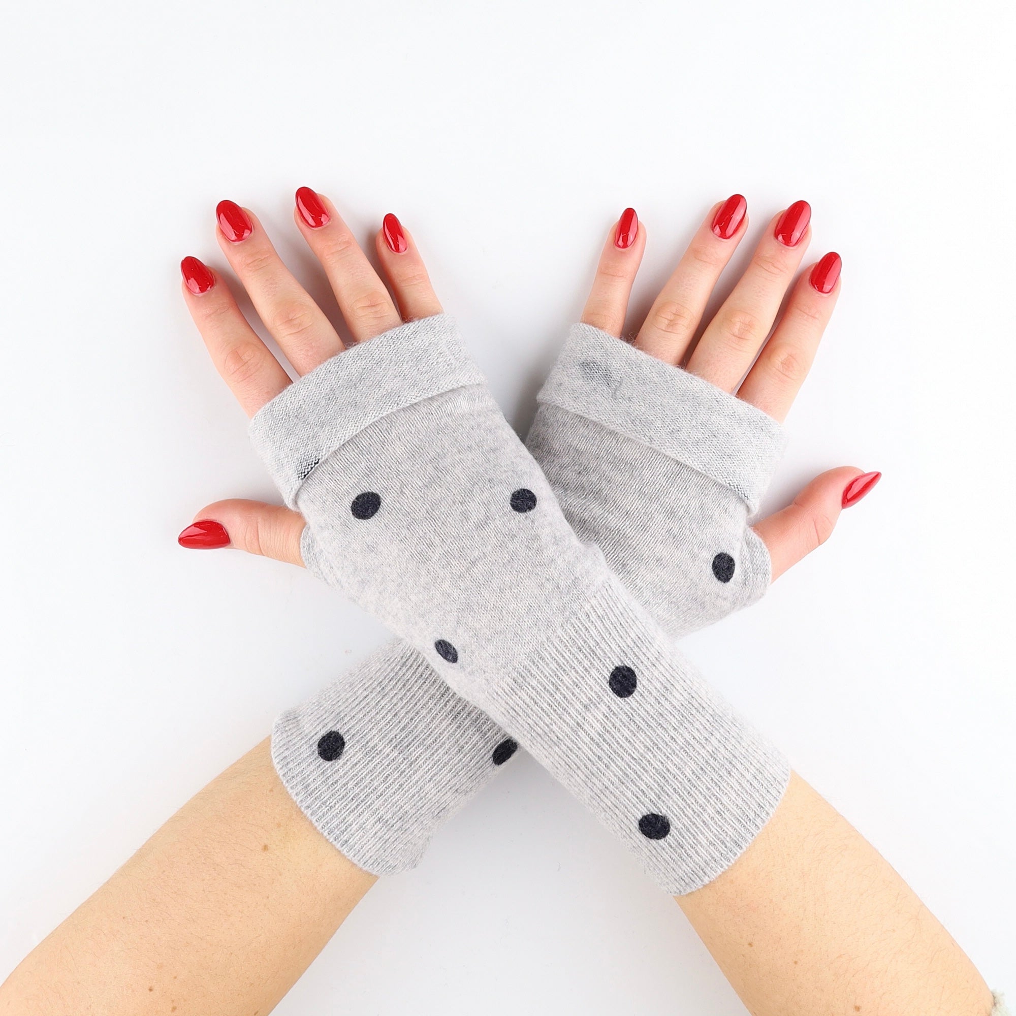 Mist Grey and Black Spotty Fingerless Gloves