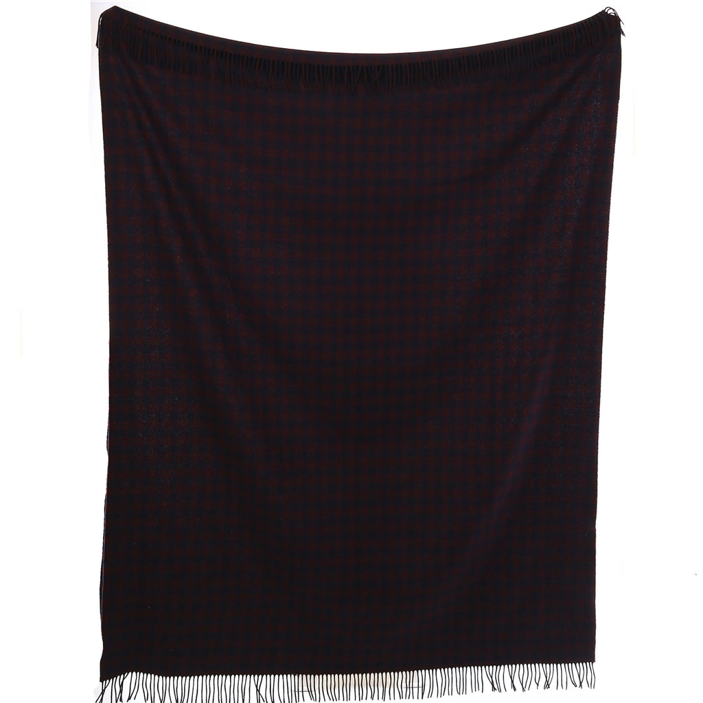 Brand New English Aubergine and Navy Checked Luxury Woven Cashmere Blanket