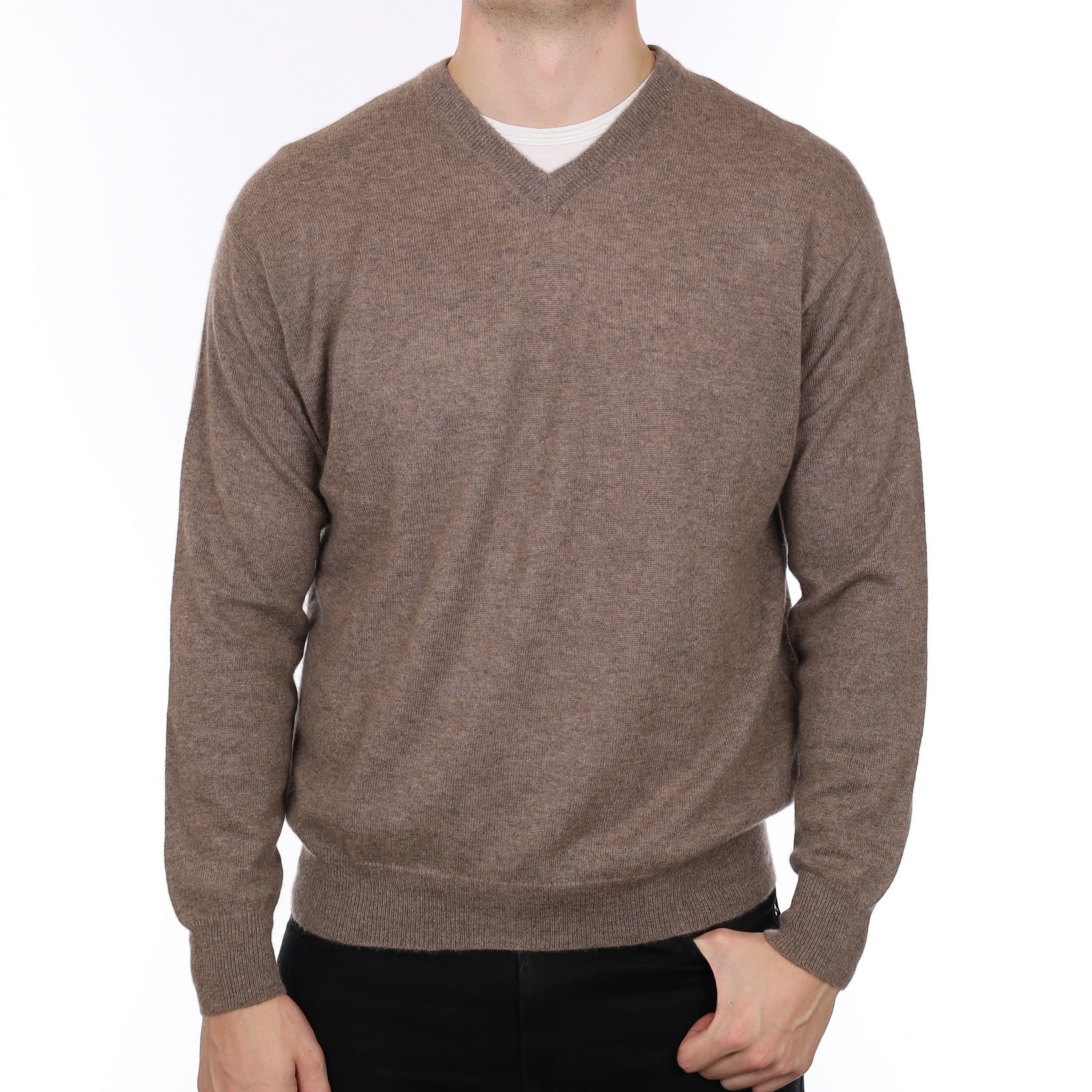 Men’s Mocha Brown Cashmere V Neck Jumper Extra Large