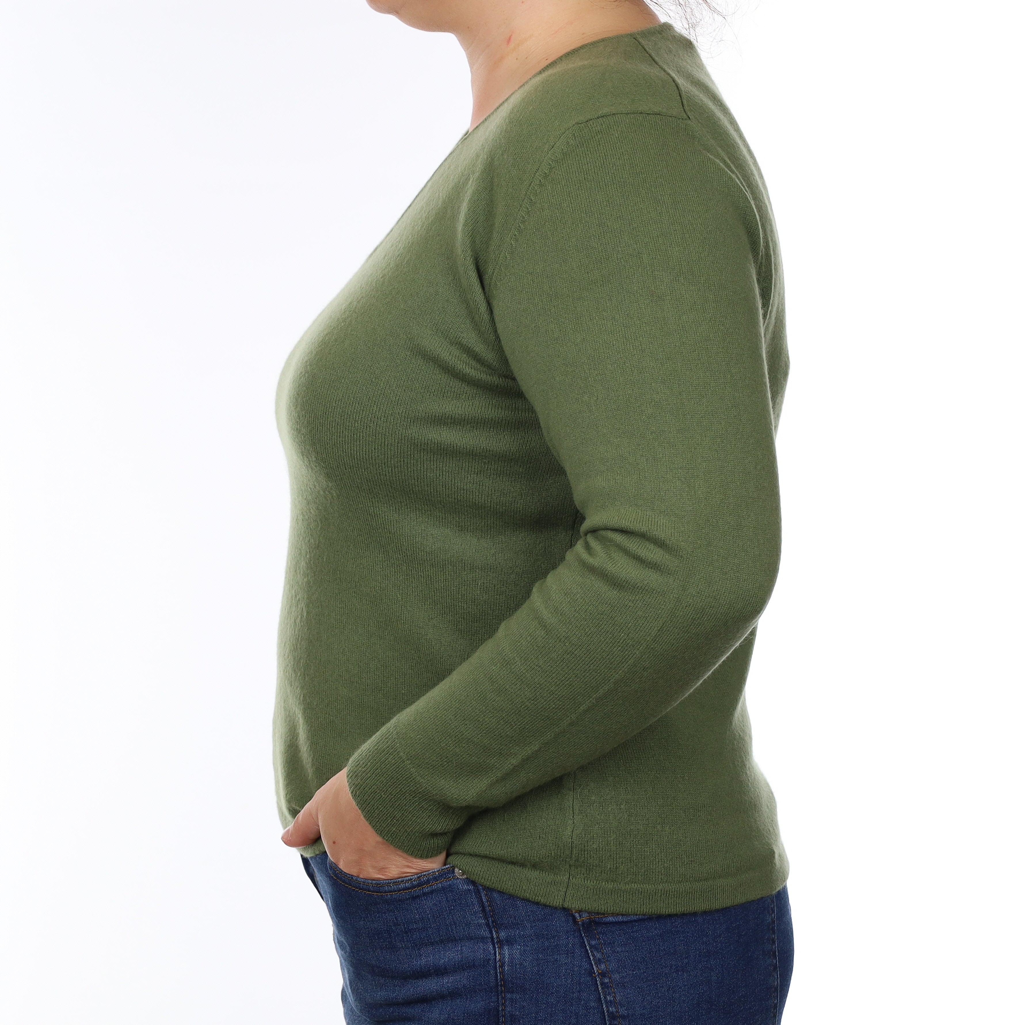 Moss Green Cashmere Boxy V Neck Jumper Large