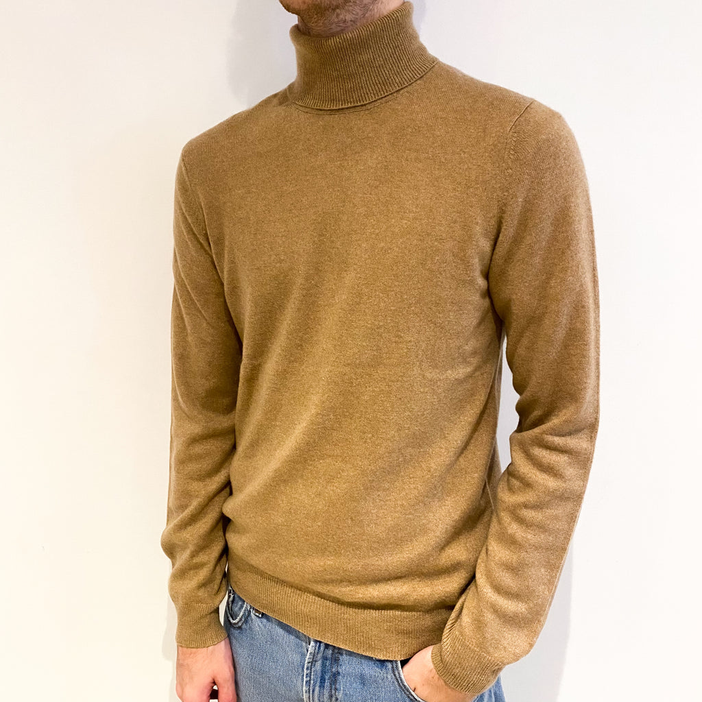 Men's Butterscotch Beige Cashmere Polo Neck Jumper Large