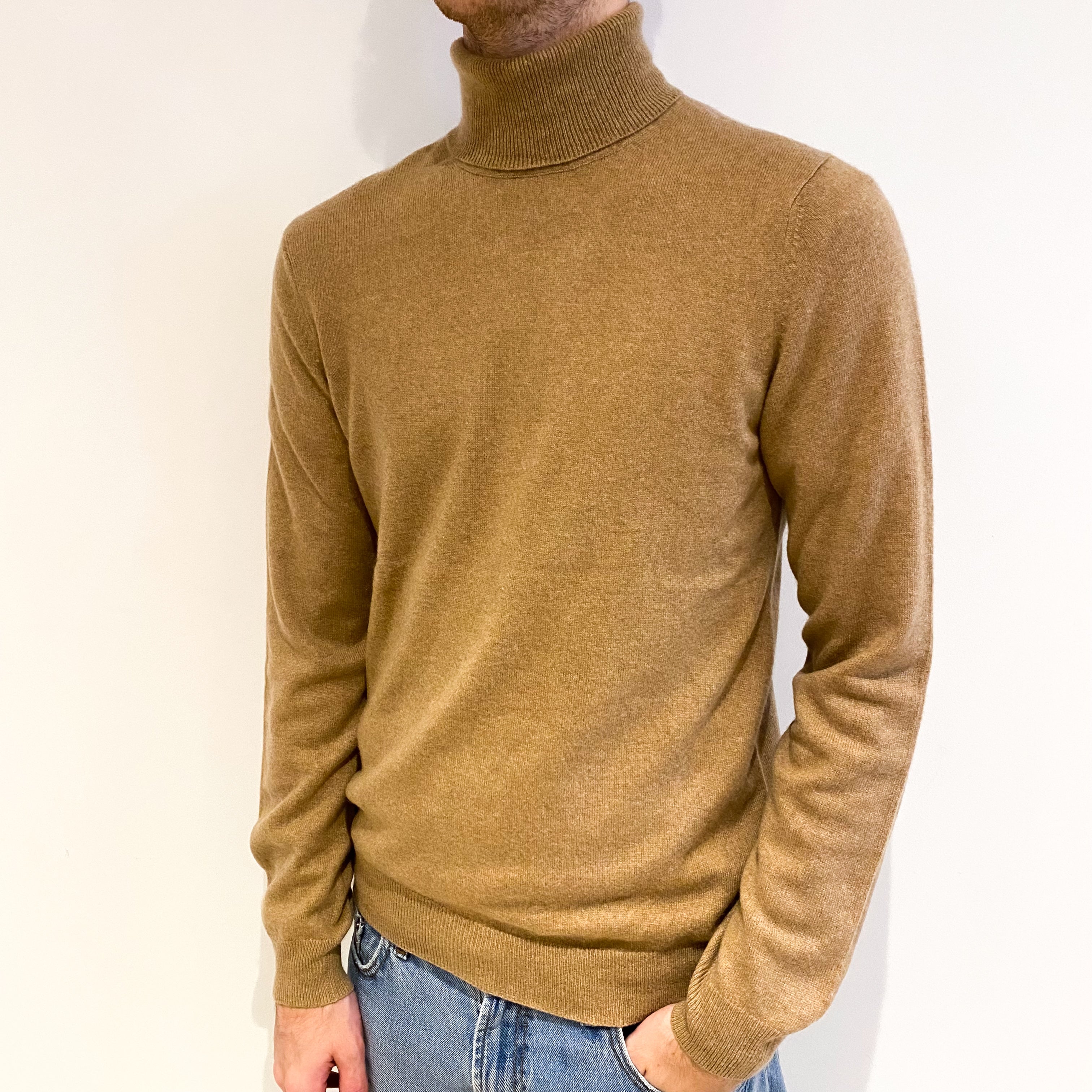 Men's Butterscotch Beige Cashmere Polo Neck Jumper Large