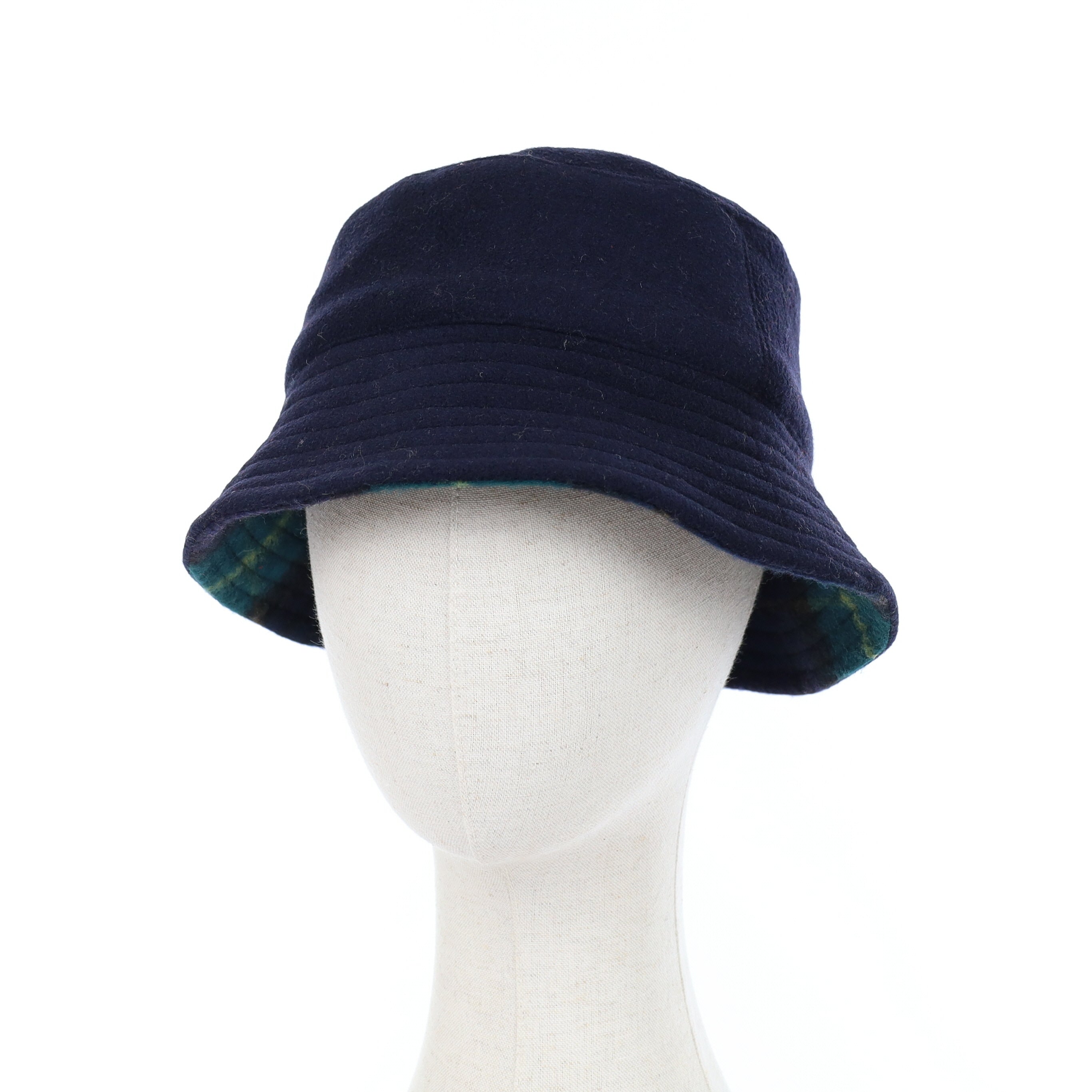 Navy and Green Plaid Reversible Cashmere Bucket Hat Small