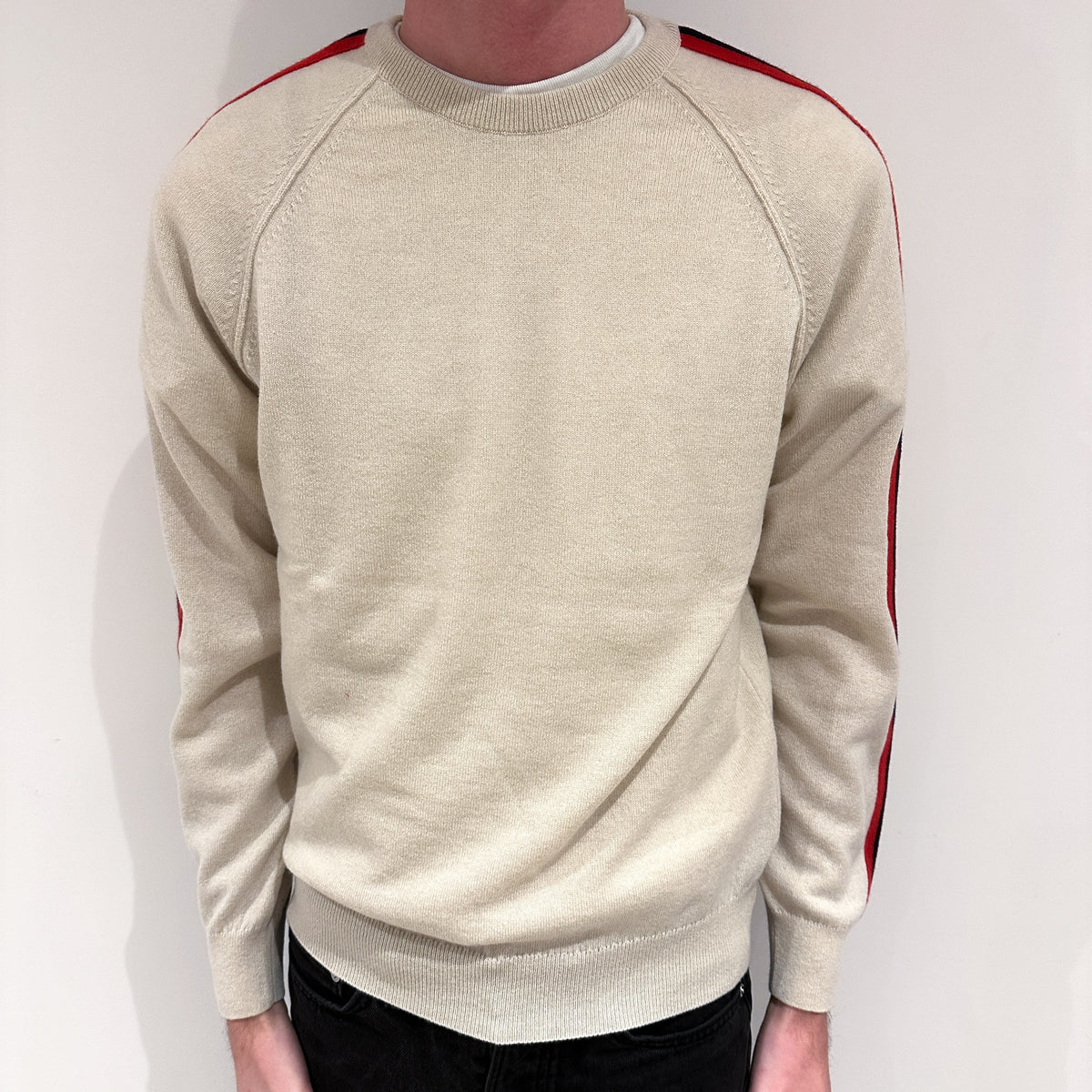Men's Brand New Scottish Oatmeal Cream Stripe Cashmere Crew Neck Jumper Small