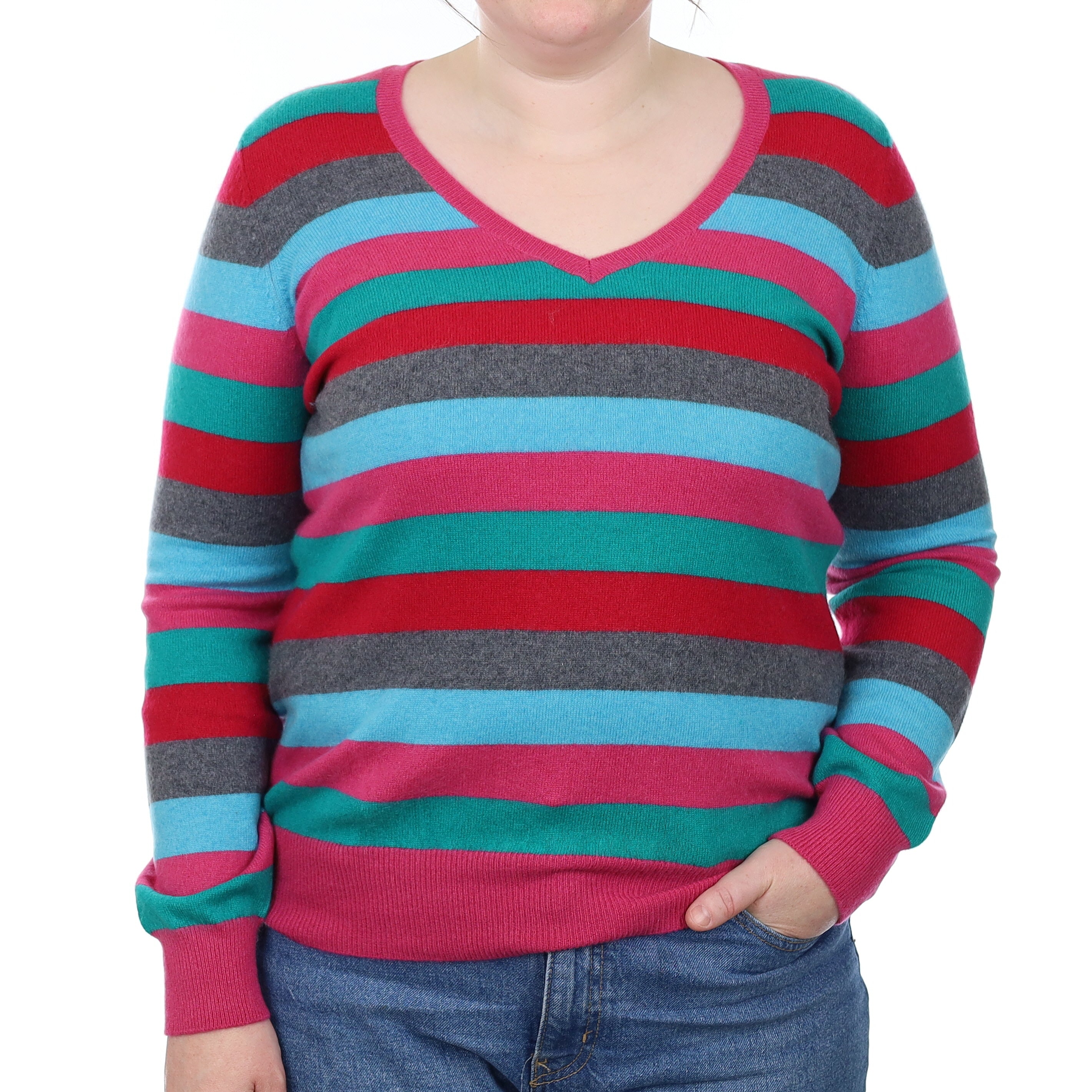 Multicolour Striped Cashmere V Neck Jumper Large