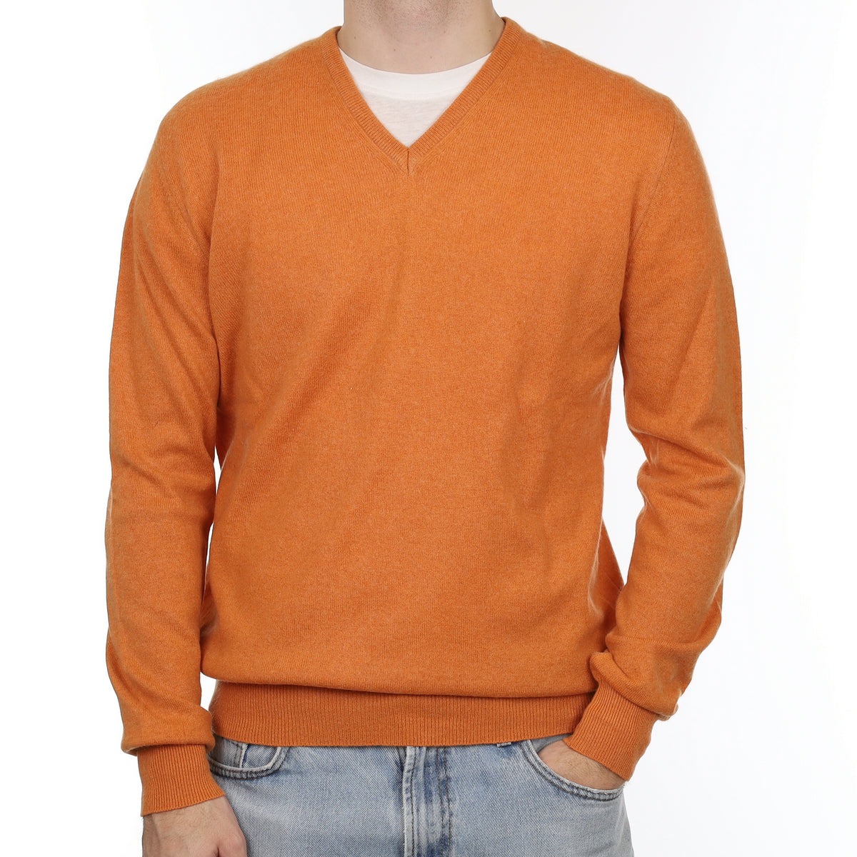 Men's Sunset Orange Cashmere V Neck Jumper Large