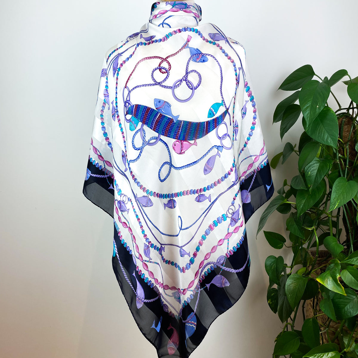 Large Aquatic Design Vintage Silk Scarf