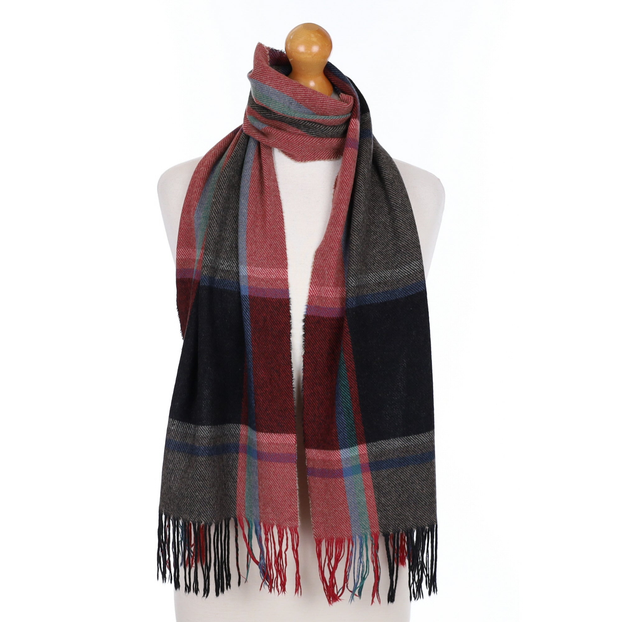 Charcoal and Red Check Cashmere Tasseled Woven Scarf