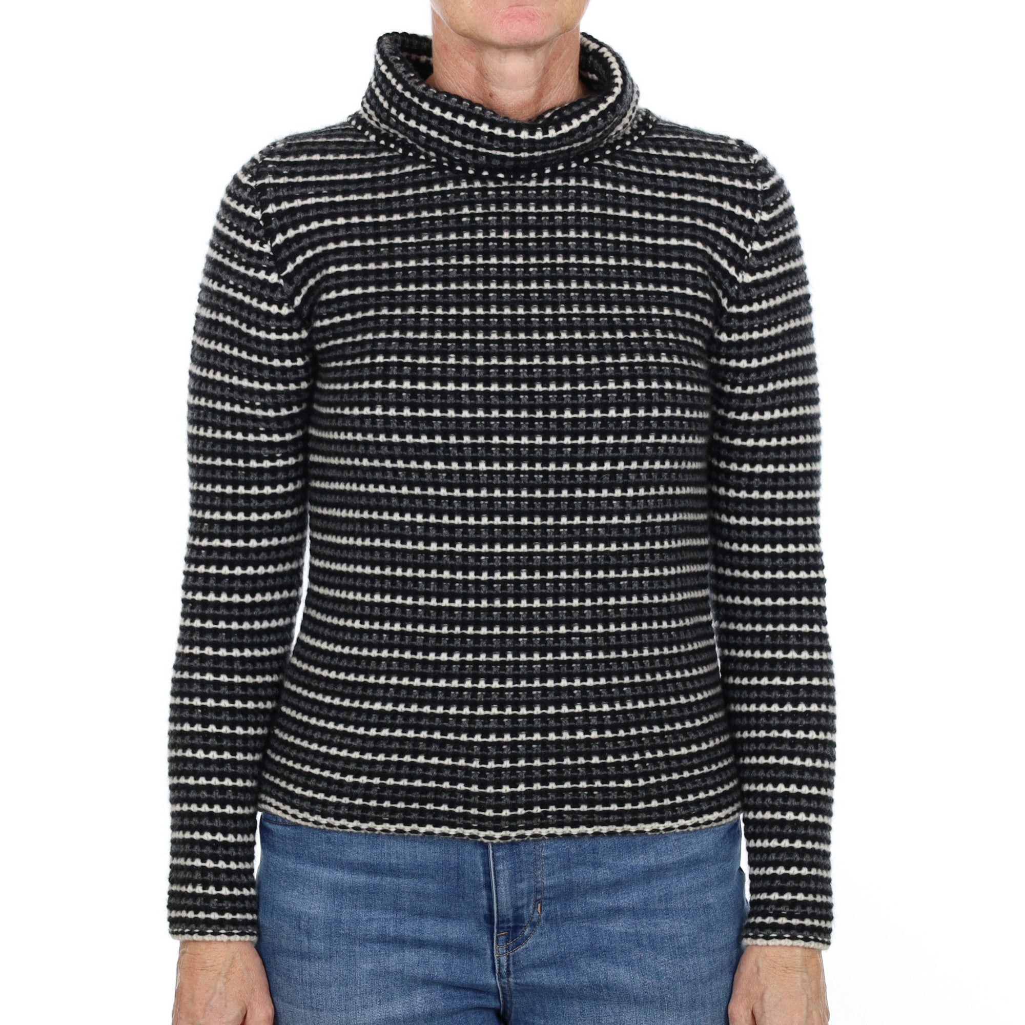 Brand New Scottish Black Patterned Cashmere Polo Neck Jumper Small