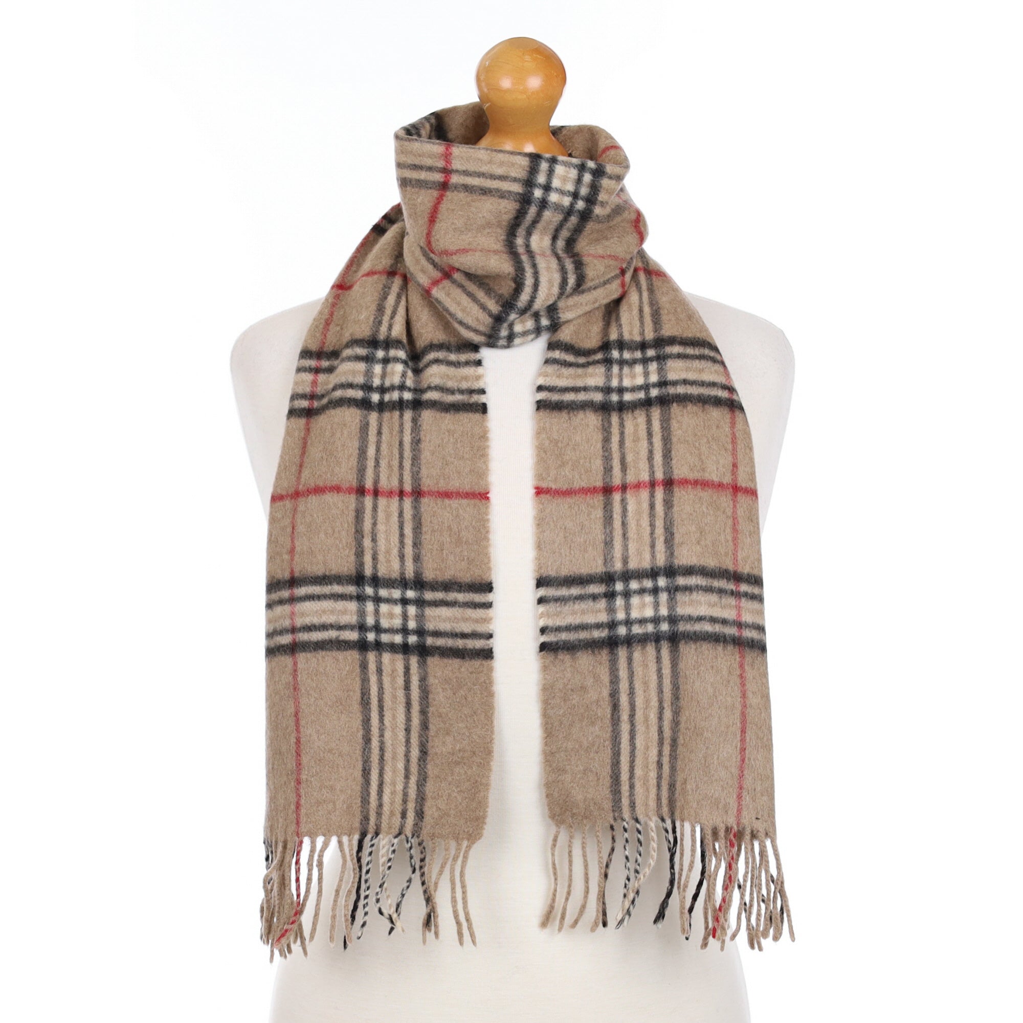 Taupe Brown Check Cashmere Fringed Woven Scarf